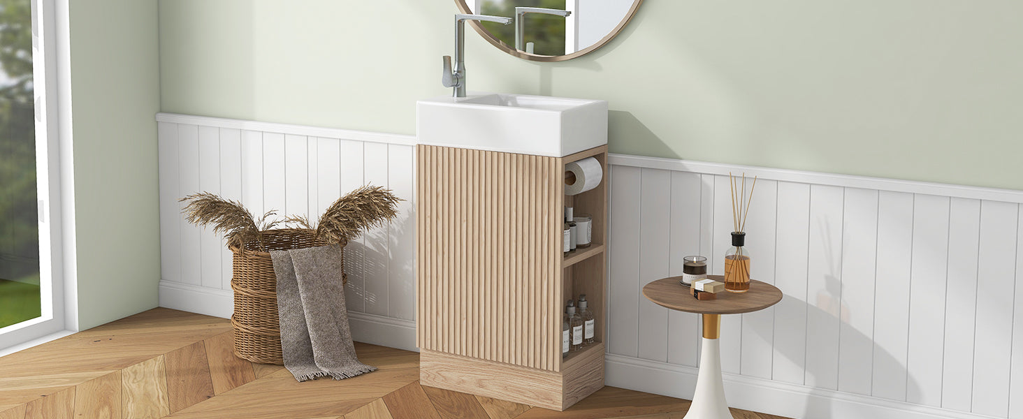 18.6" Bathroom Vanity With Sink, Bathroom Vanity Cabinet With Two Tier Shelf, Left Or Right Orientation, Natural Natural Mdf