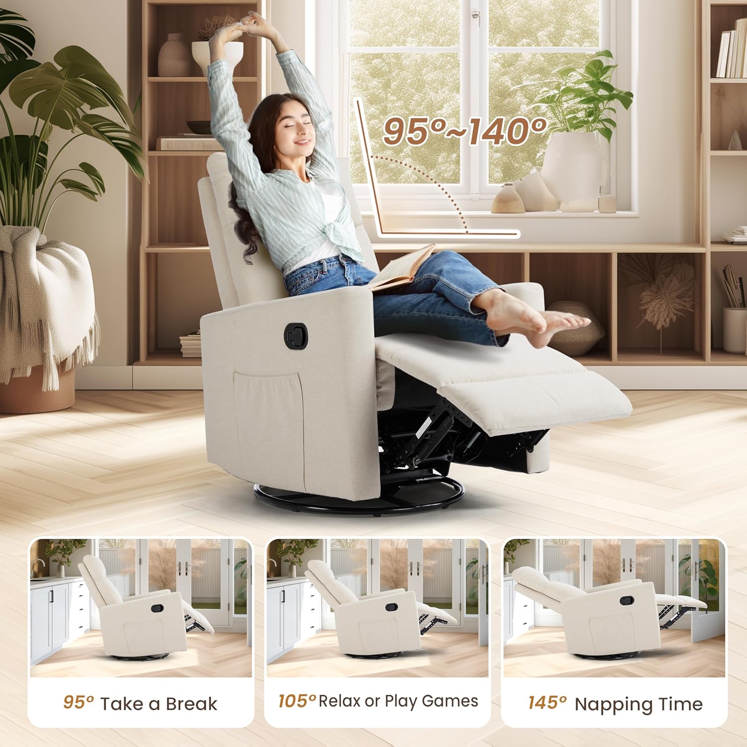 Swivel Rocking Chair, 360 Swivel Recliner Chairs For Bedroom, Office, Glider Nursery Chair For Bedroom Room, Faux Leather Reclining Sofa With Large Footrest, Beige Beige Metal