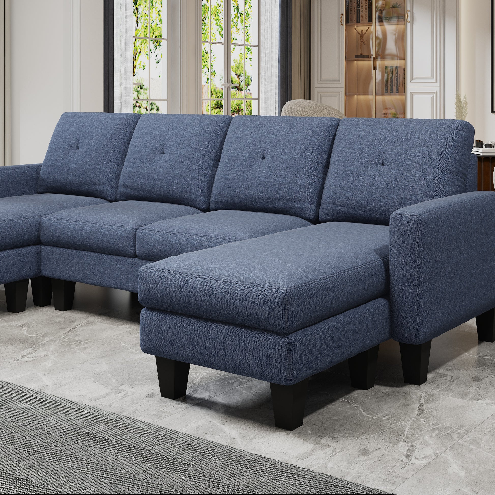U Shaped Sofa Coch 4 Seat Sofa With Chaise Polyester Fabric For Living Room Apartment Office Blue Blue Primary Living Space Soft Eucalyptus Foam Linen 4 Seat