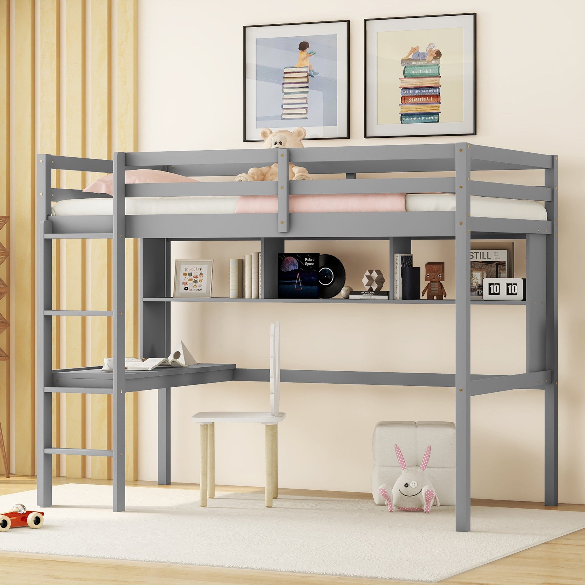 Twin Size Loft Bed With Desk And Shelves, Safety Guardrail And Ladder,Grey Twin Grey Pine