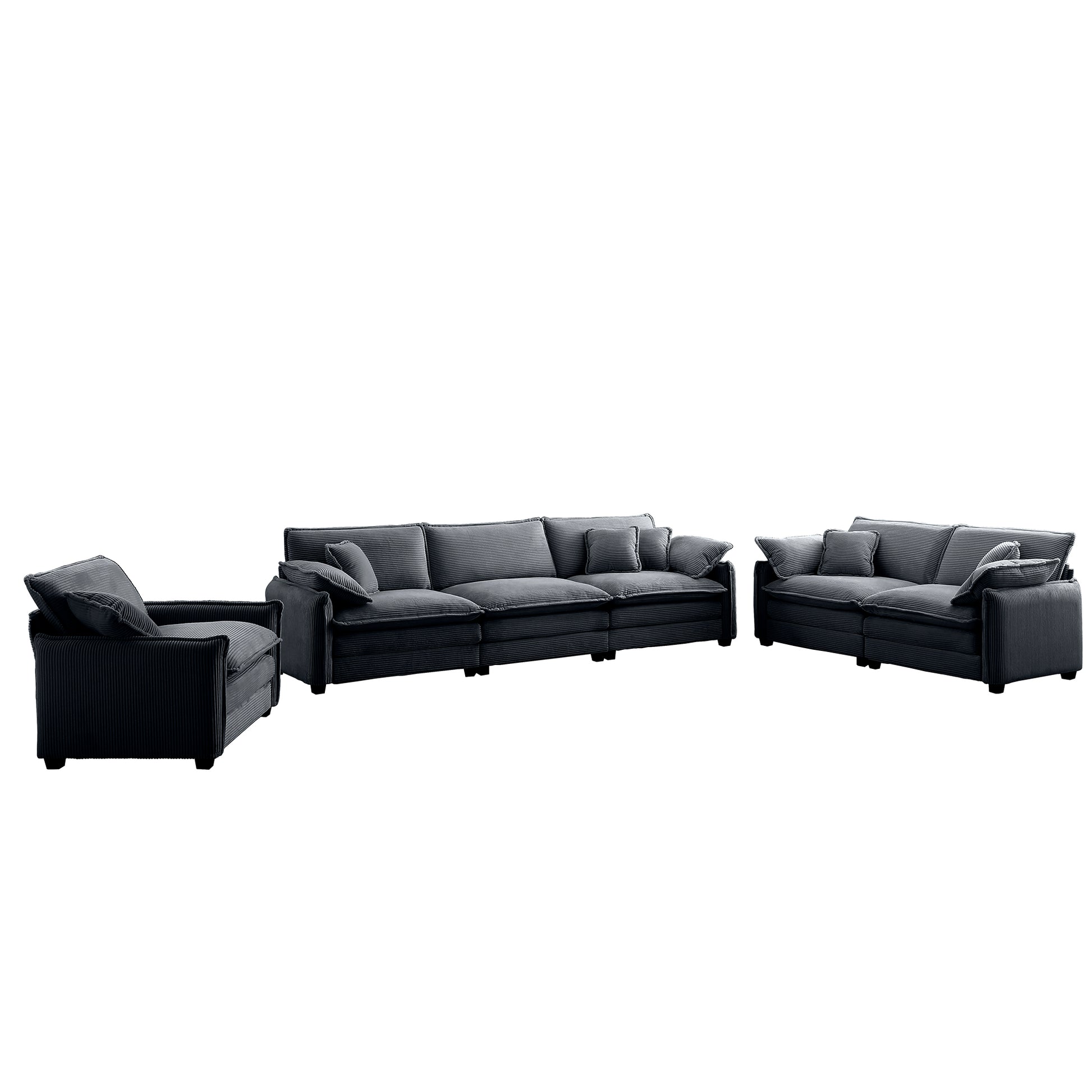 3 Piece Comfortable Oversized Sectional Sofa, One Single Sofa And One 2 Seater Sofa And One 3 Seater Sofa ,Grey Corduroy Deep Seat Sofa Grey Corduroy 6 Seat