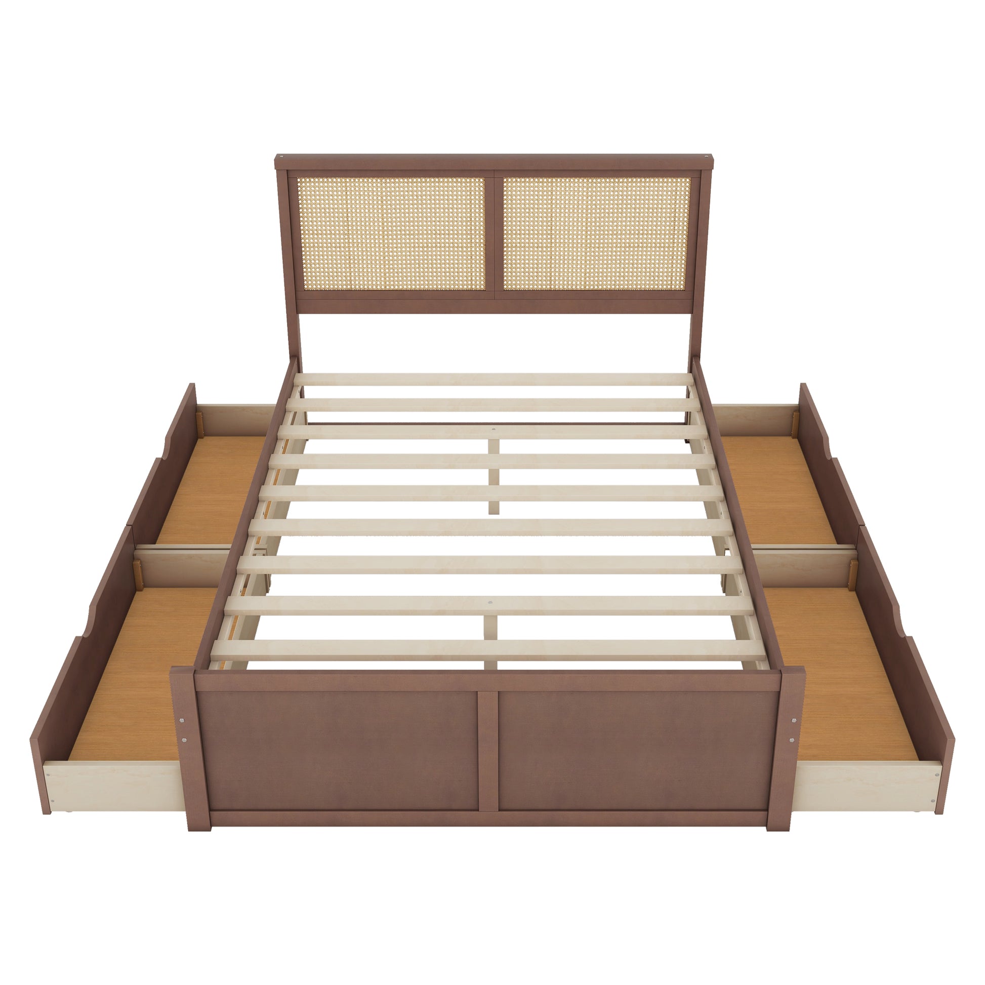 Queen Size Wood Storage Platform Bed With 4 Drawers, Rattan Headboard, Espresso Box Spring Not Required Queen Antique Espresso Wood Bedroom Bed Frame Wood Rattan