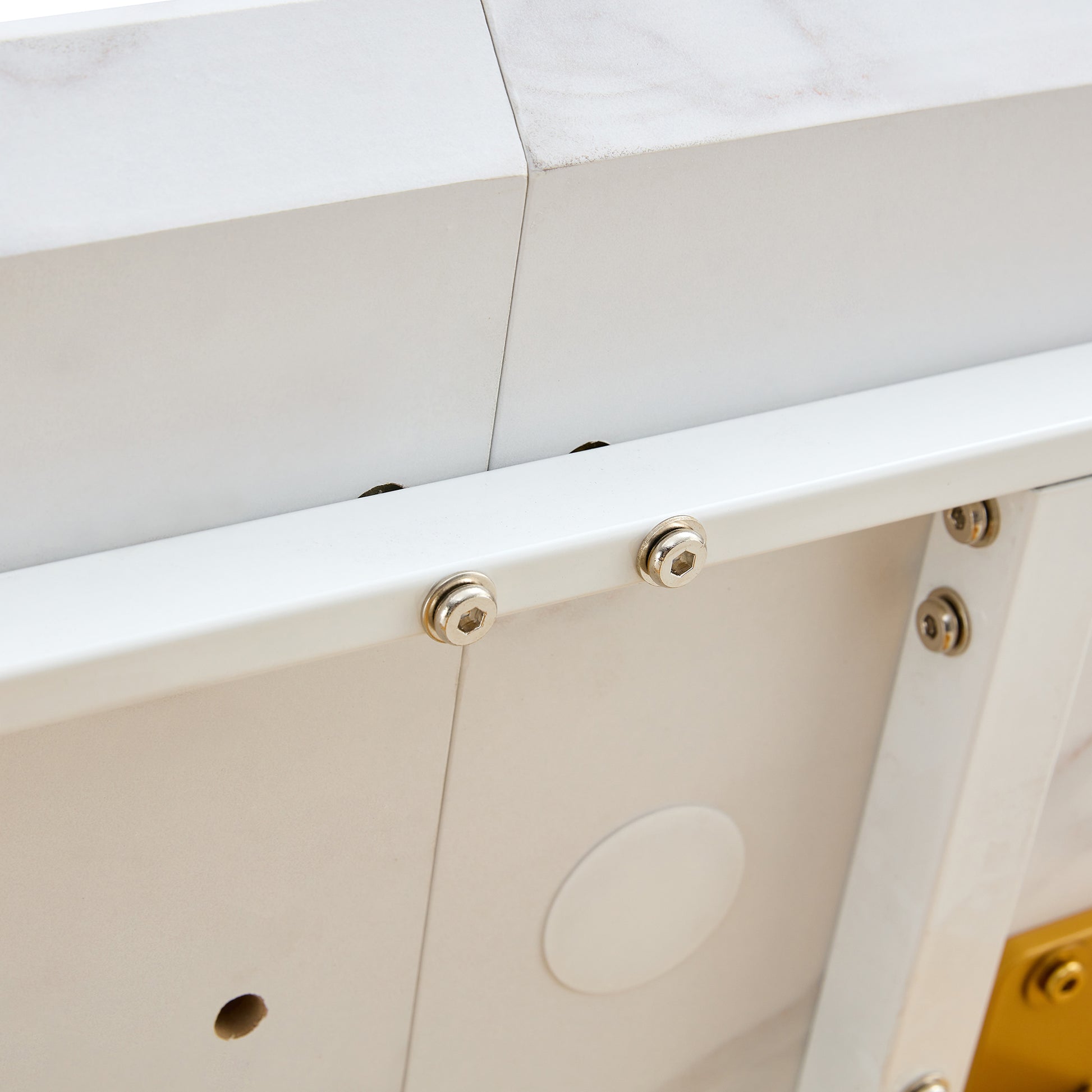 Table And Chair Set, The Table Is Equipped With A Marble Patterned Mdf Tabletop And Gold Table Legs.The Chair Is Equipped With Pu Synthetic Leather High Back Cushion And Gold Coated Metal Legs. Gold White Seats 4 Mdf Metal