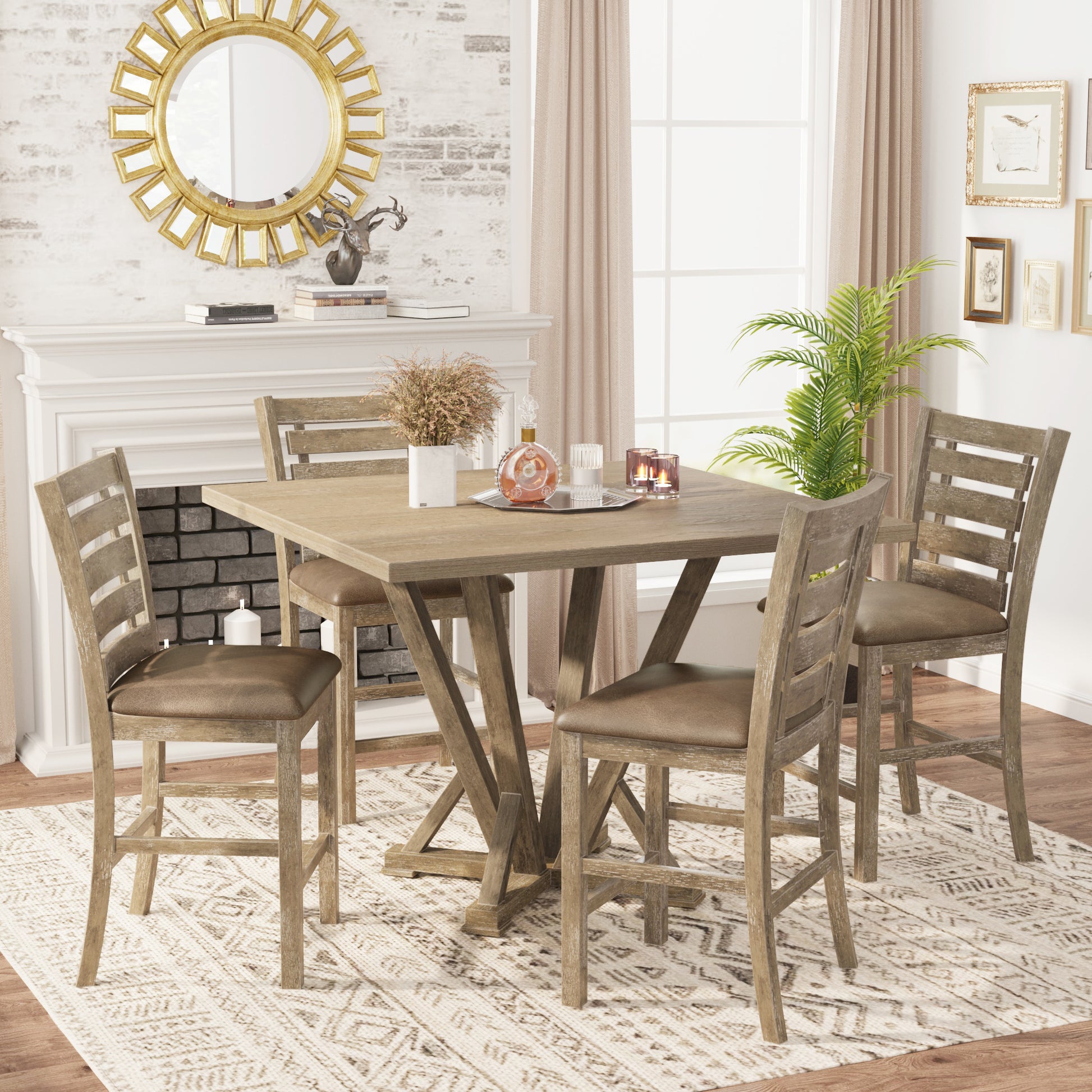 5Pcs Set Counter Table Set Square Counter Table Solid Wood Modern Farmhouse Rustic Look Distressed Look Light Brown Dining Room Fixed Table Rubberwood Square Dining Table With Chair Wood Grayish Brown Ladder Back Seats 4 48 Inches American