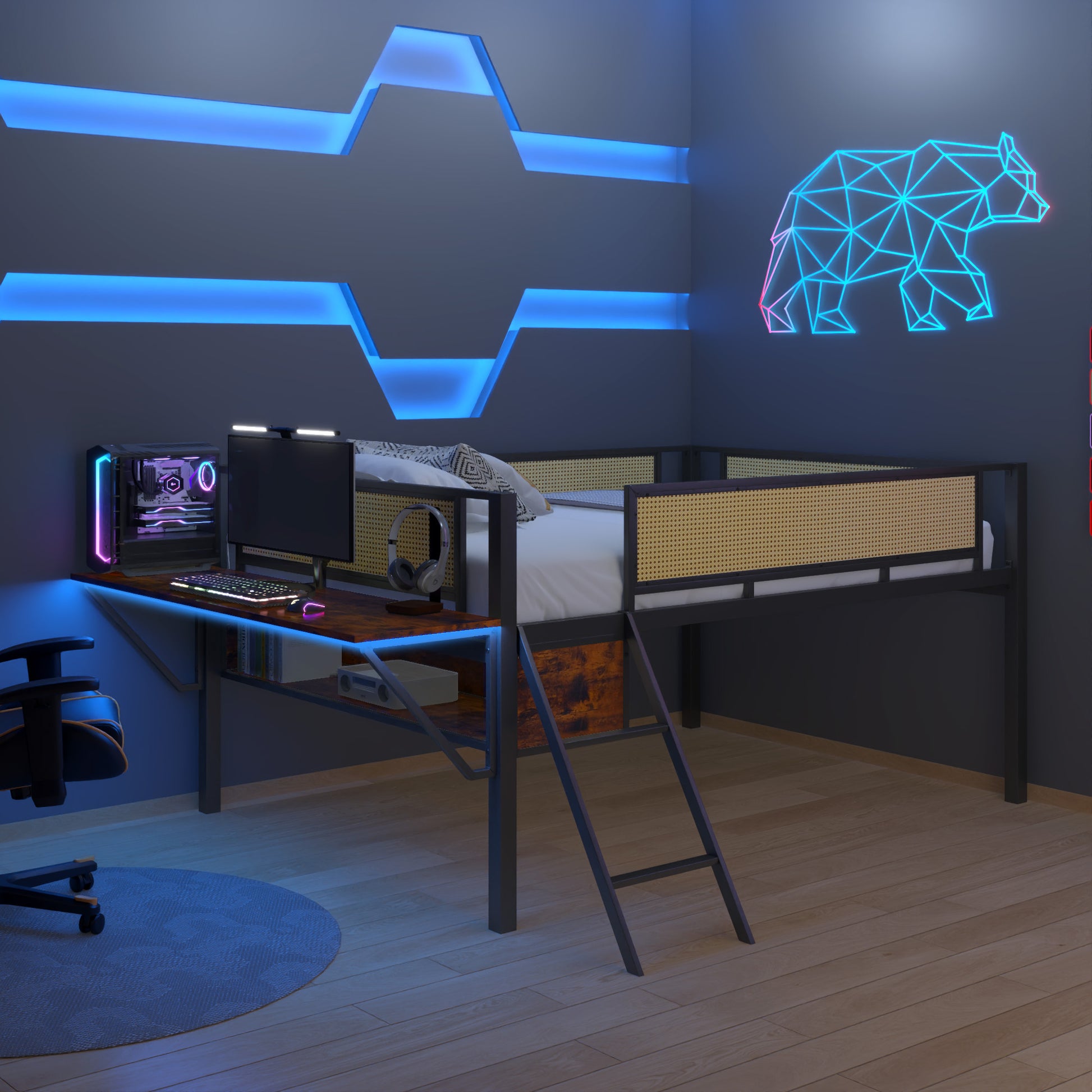 Single Metal Loft Bed With Rectangular Desk, Led Lights, Led Loft Bed Frame Double Bed With Storage Shelves And Hanging Storage Compartments, Safety Guard And Ladder, No Box Springs Required, Rattan G Full Black Brown Mdf Iron