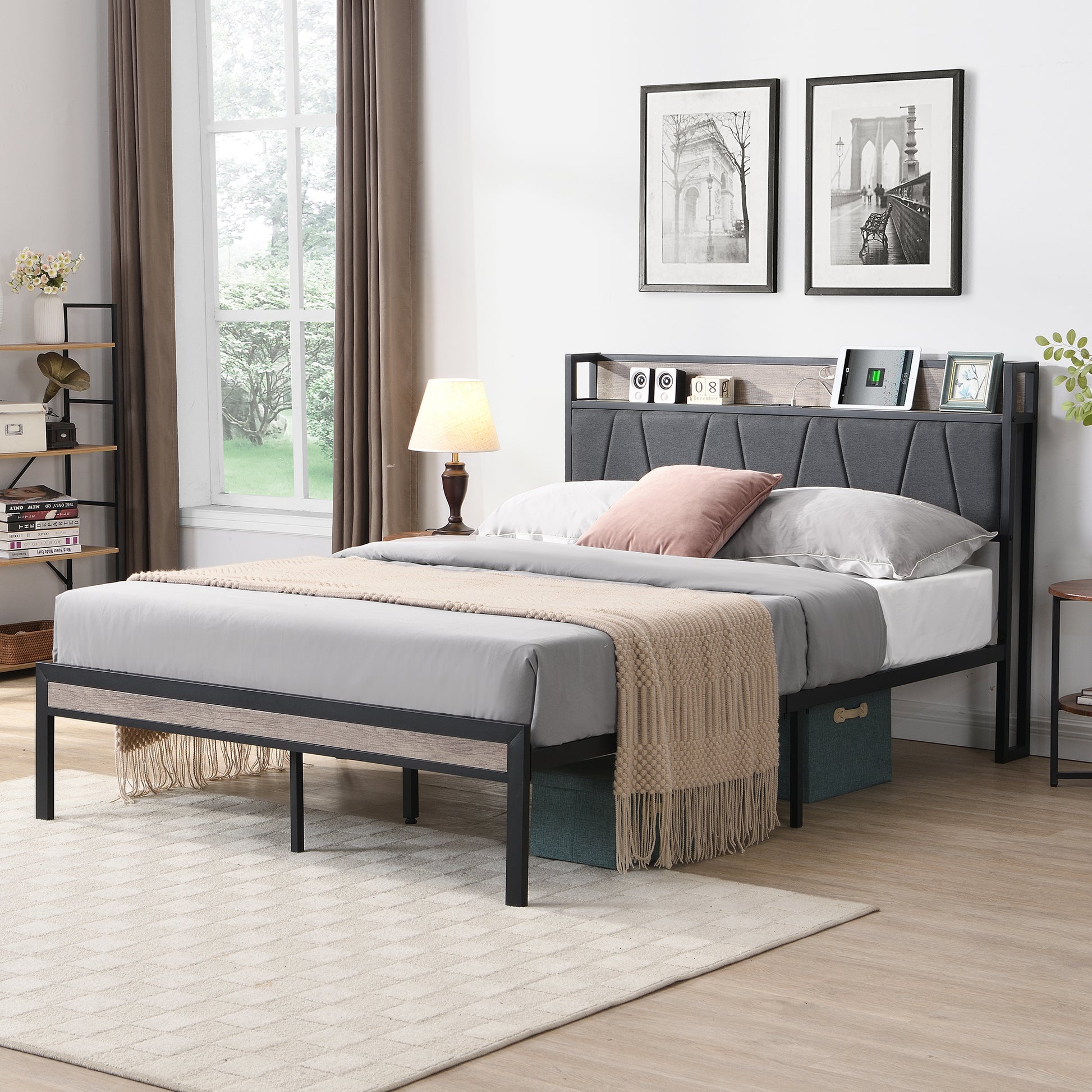 Full Size Metal Platform Bed Frame With Upholstery Storage Function Headboard And Usb Liner And Footboardno Box Spring Needed, Large Under Bed Storage, Easy Assemble Full Beige Black Metal & Wood