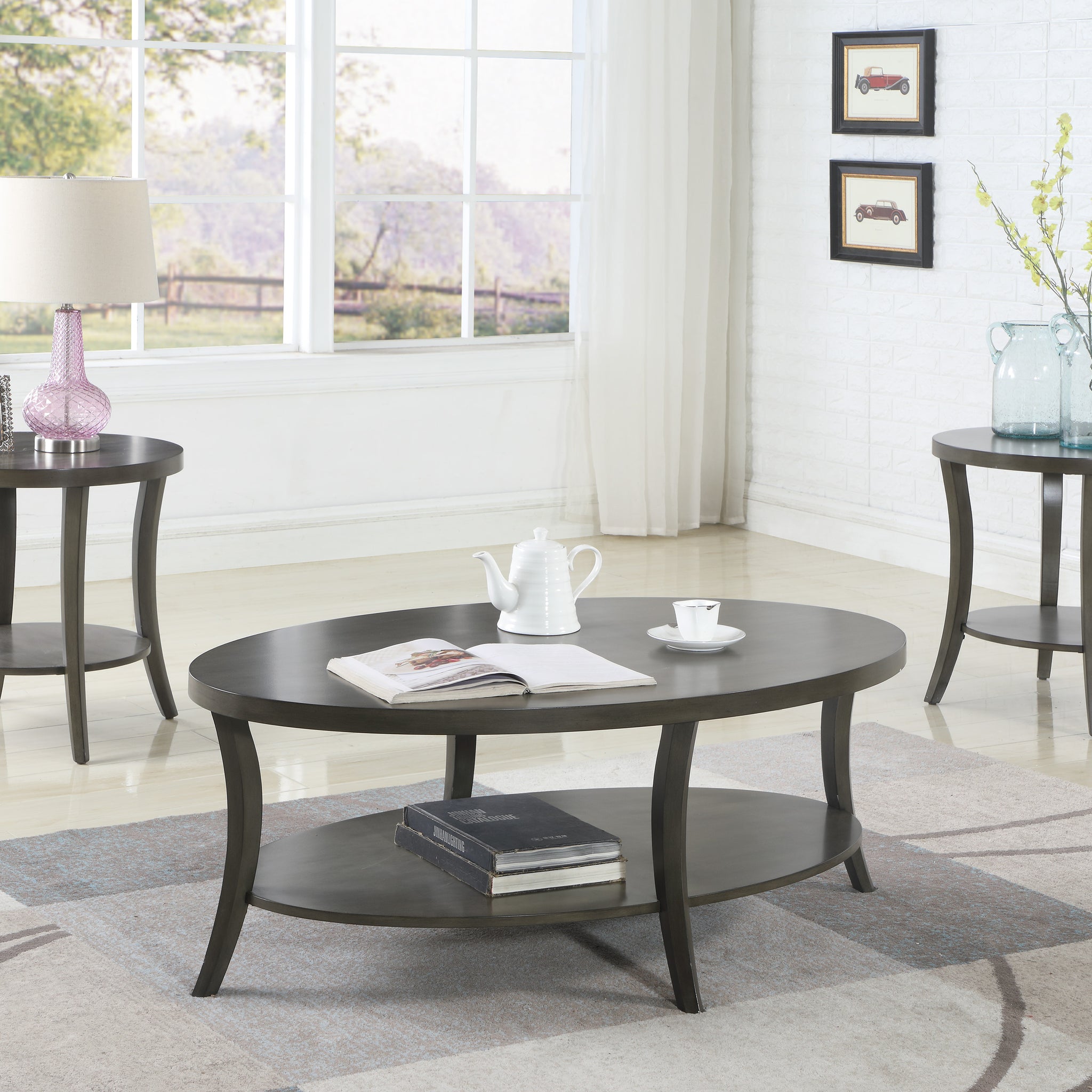 Perth Contemporary Oval Shelf Coffee Table Set, Gray Gray Oval Coffee & End Tables Oval Wood