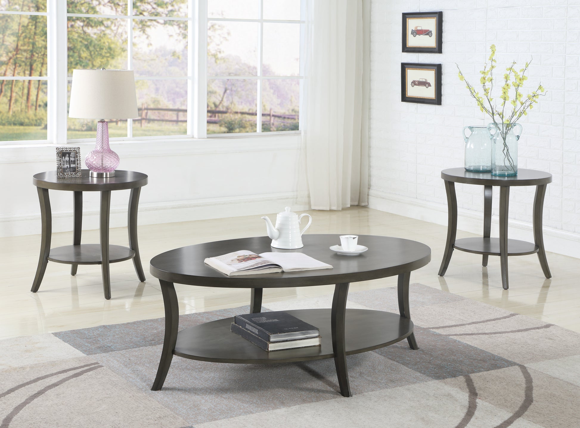 Perth Contemporary Oval Shelf Coffee Table Set, Gray Gray Oval Coffee & End Tables Oval Wood