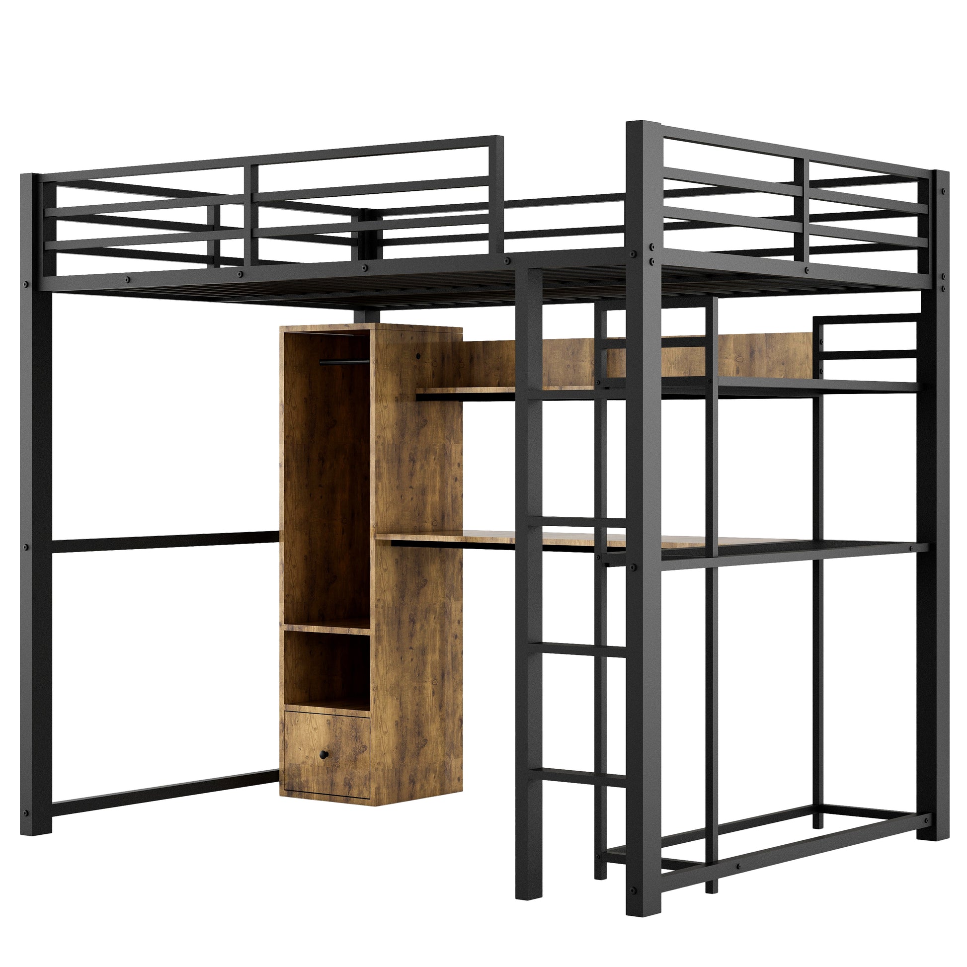 Full Size Metal Loft Bed With Built In Wardrobe, Drawer, Desk And Shelves, Black Expected Arrival Time: 9.7 Box Spring Not Required Full Black Metal Wood Metal