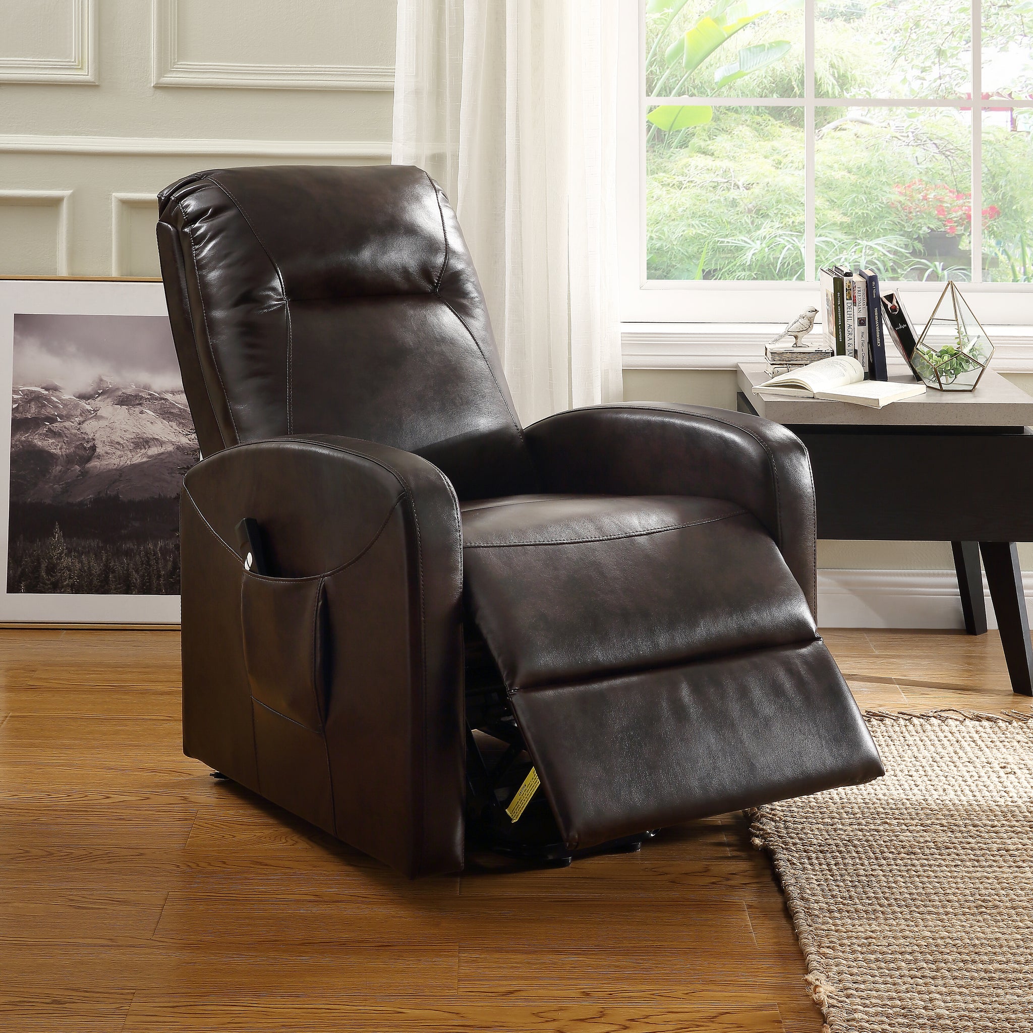 Espresso Power Lift Recliner Espresso Faux Leather Manual Push Button Metal Primary Living Space Tight Back Push Button Square Arms Wood Fabric