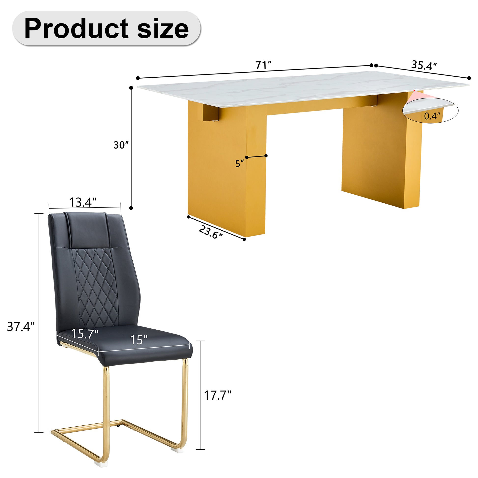 Table And Chair Set.Large Modern Rectangular Table With 0.4 Inch Patterned Glass Tabletop And Large Mdf Table Legs.Comes With 6 Chairs With Faux Leather Cushioned Seats And Golden Metal Legs. Gold White Seats 6 Mdf Glass