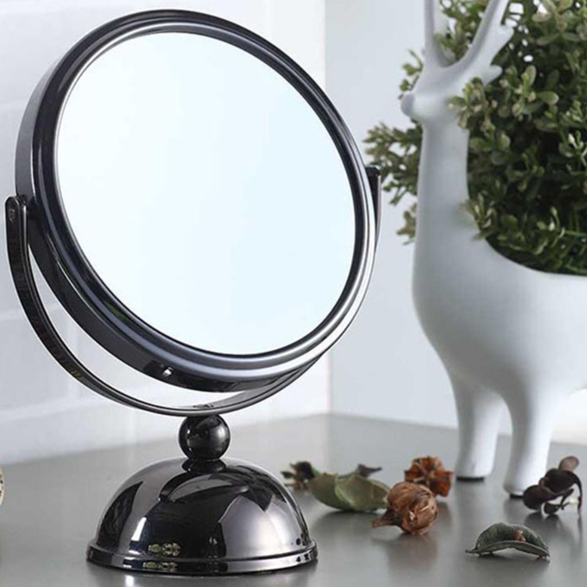 5.5" Diameter Chrome Make Up Mirror, X7 Magnification, Black Finish Gunmetal Metal