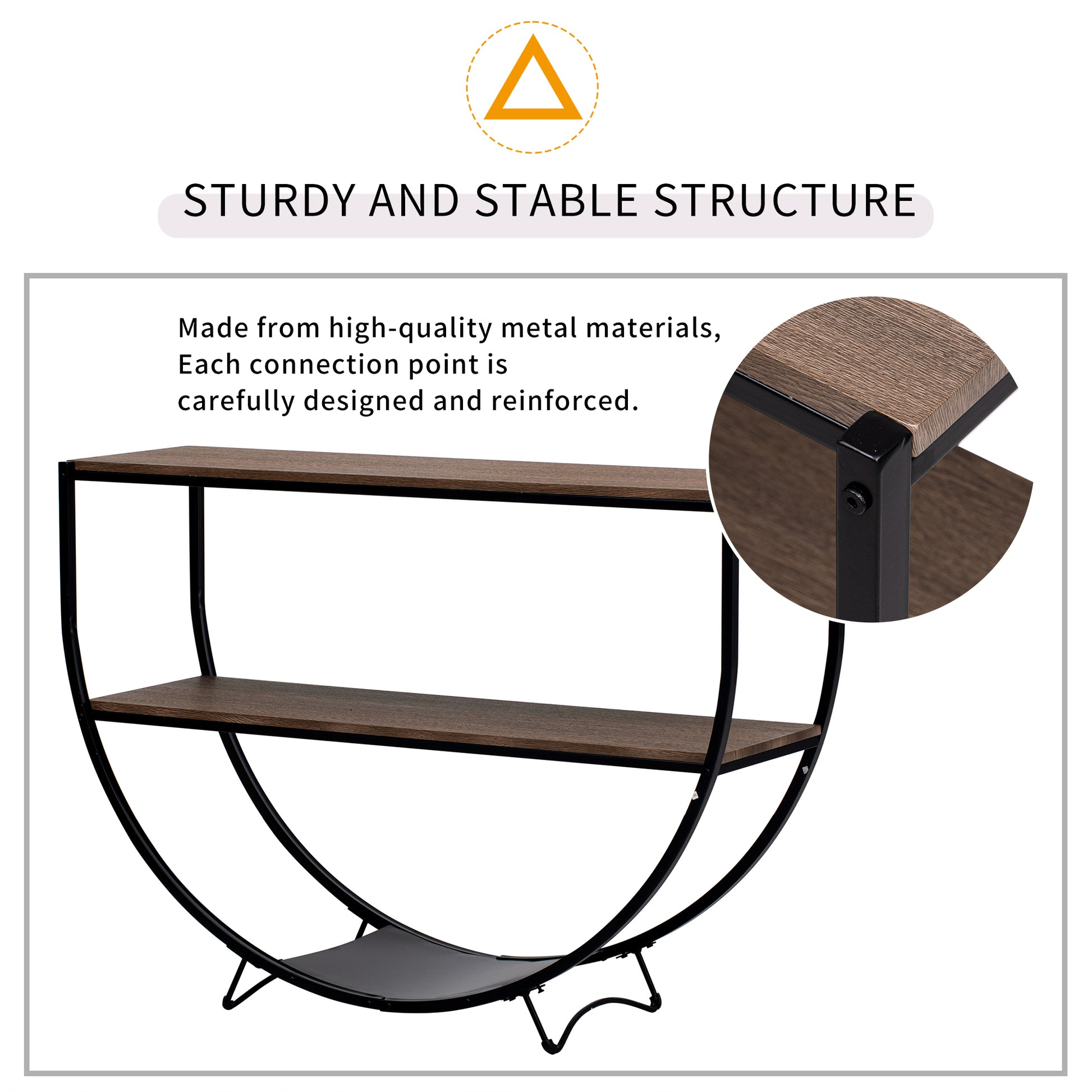 Rustic Industrial Design Demilune Shape Textured Metal Distressed Wood Console Table Dark Brown Dark Brown Mdf