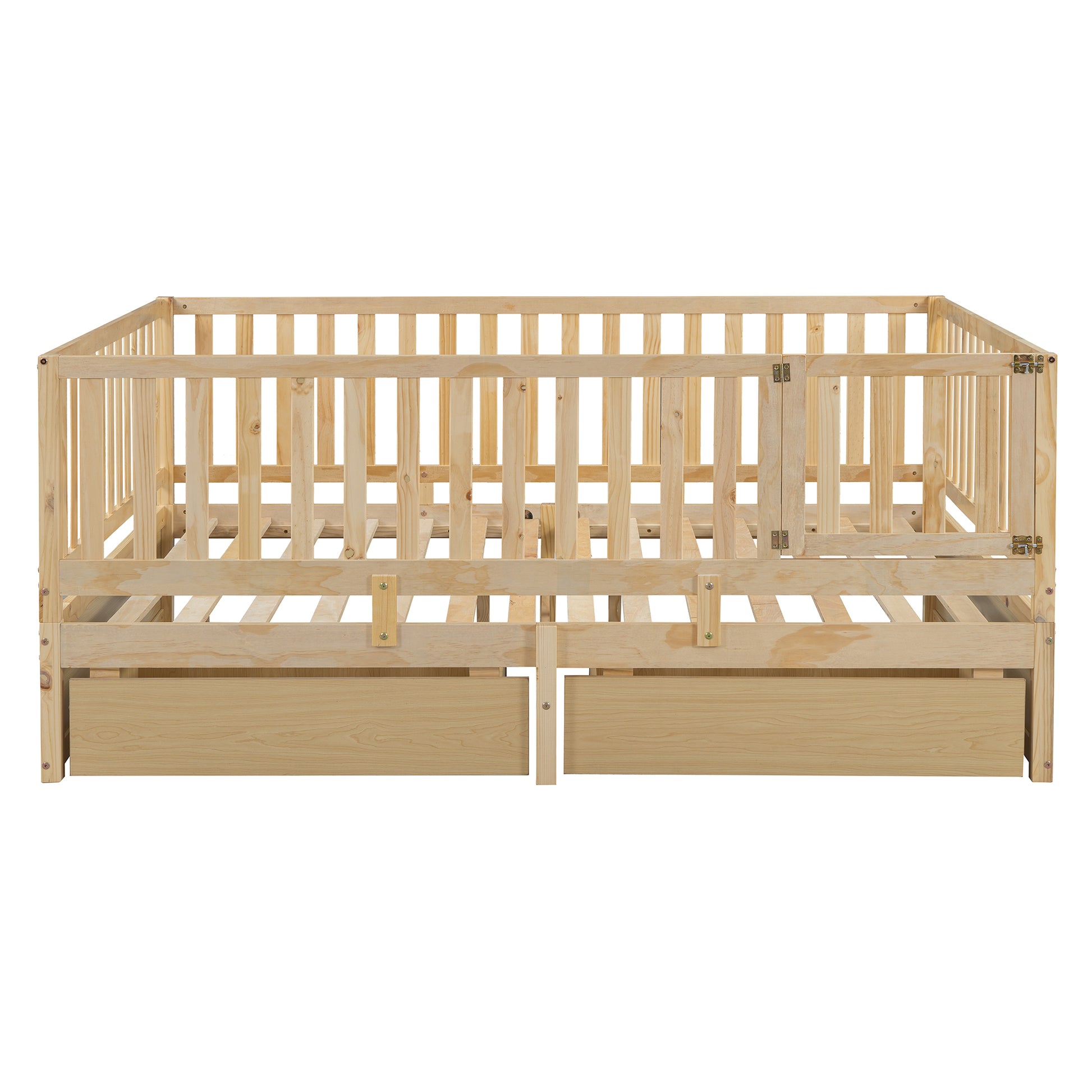 Full Size Wood Daybed With Fence Guardrails And 2 Drawers, Split Into Independent Floor Bed & Daybed, Natural Old Sku :Lp000882Aan Full Natural Solid Wood Mdf