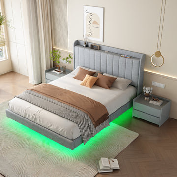 Queen Size Floating Bed Frame,With Remote Control Led Lights With Appwood Platform Light Grey Queen Light Grey Fabric Metal