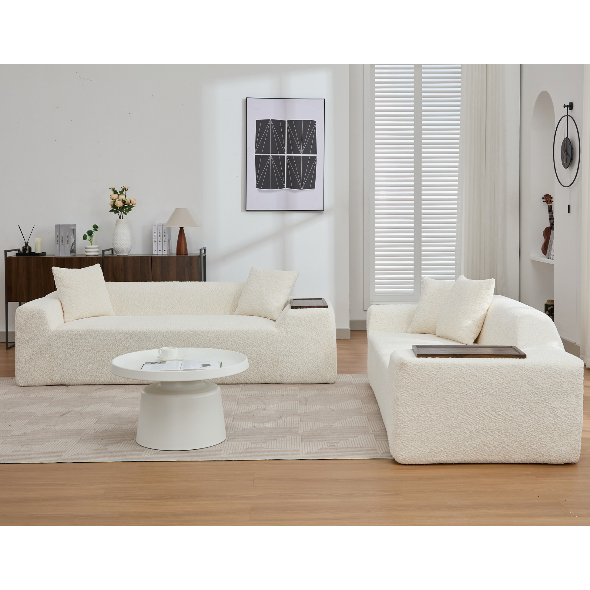 Arrived 2 Piece Boucle Cloud Sofa Set, Upholstered Sofa Set, Modern 3 Seater And 2 Seater Sofa With Mdf End Table For Living Room ,Apartment,3 2 Couch,Boucle,Beige Beige Polyester Primary Living Space Soft Tight Back Modern Square Arms Foam Upholstered 5