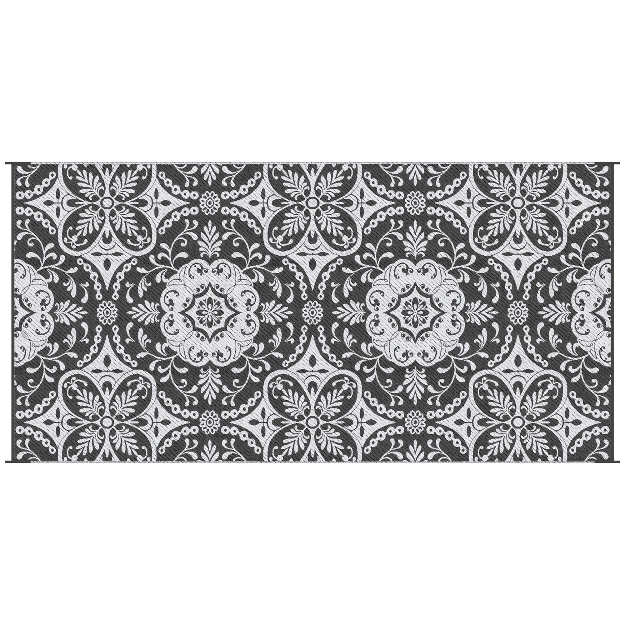Outsunny Reversible Outdoor Rug, 9' X 18' Waterproof Plastic Straw Floor Mat, Portable Rv Camping Carpet With Carry Bag, Large Floor Mat For Backyard, Deck, Picnic, Beach, Gray & White Floral Multicolor Polypropylene