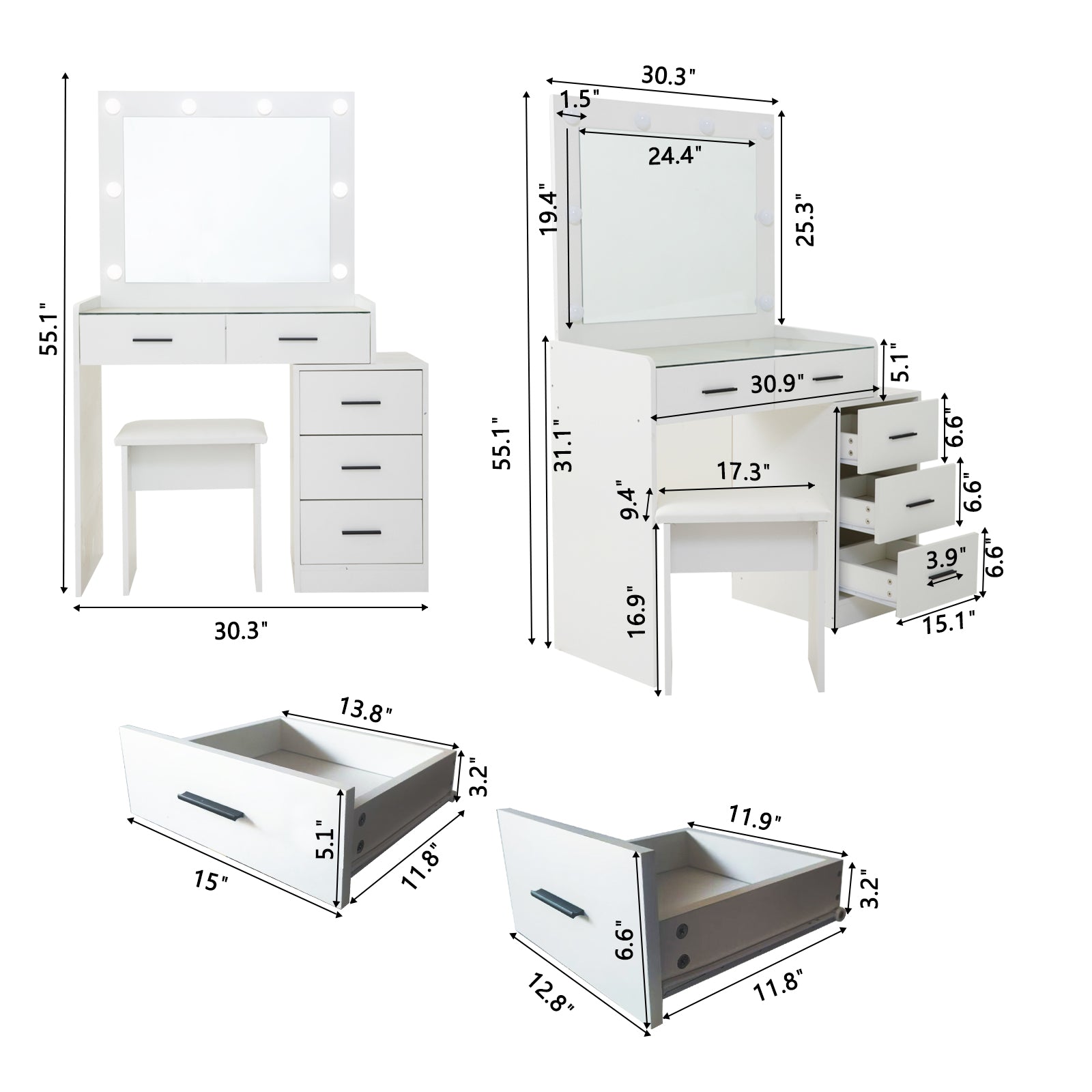 White Color Adjustable Dressing Table With 4 Drawers Matte White White Drawer 5 Drawers & Above Bedroom Extra Deep Drawers Modern 2 Or Less Poplar Mirror Included White Particle Board Mdf