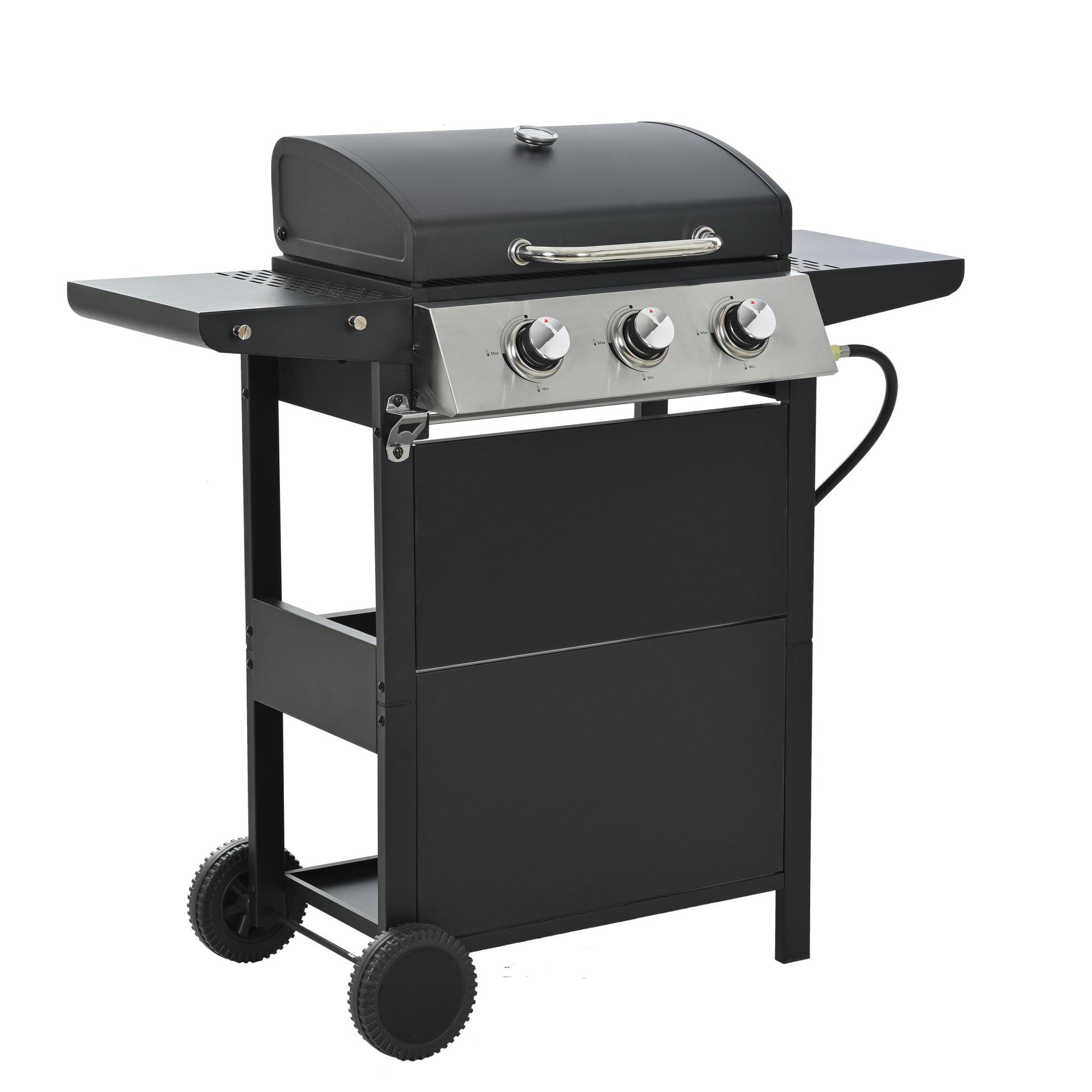 Propane Gas Grill 4 Burner Barbecue Grill, Stainless Steel 34,000 Btu Patio Garden Barbecue Grill With Two Shelves, Lid, Wheels And Bottle Opener Black Iron