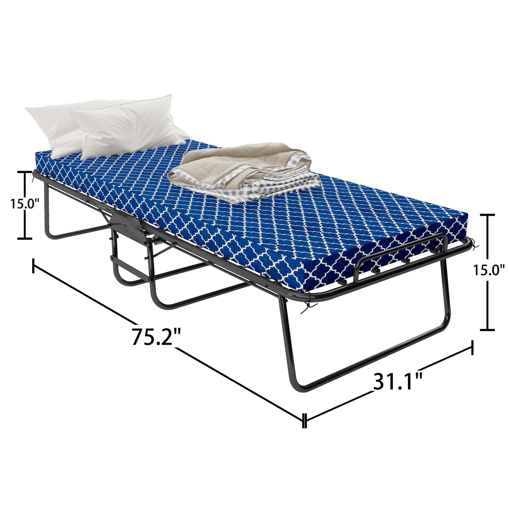 Metal Folding Bed Frame With Foam Mattress For Small Space, Easy Storage And Movable With 4 Castors Full Box Spring Not Required Black Blue Metal Bedroom Minimalist,Modern Bed Frame Foam Cotton Foam