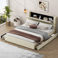 King Size Upholstery Platform Bed With Storage Headboard, 2 Drawers And Trundle,Beige King Beige Upholstered