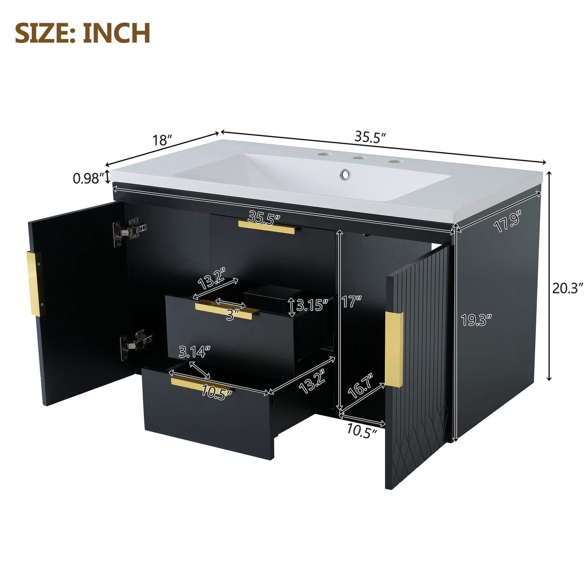 36'' Wall Mounted Bathroom Vanity With Resin Sink, Floating Bathroom Storage Cabinet With 2 Drawers, Solid Wood Bathroom Cabinet Black Bathroom Modern Mdf
