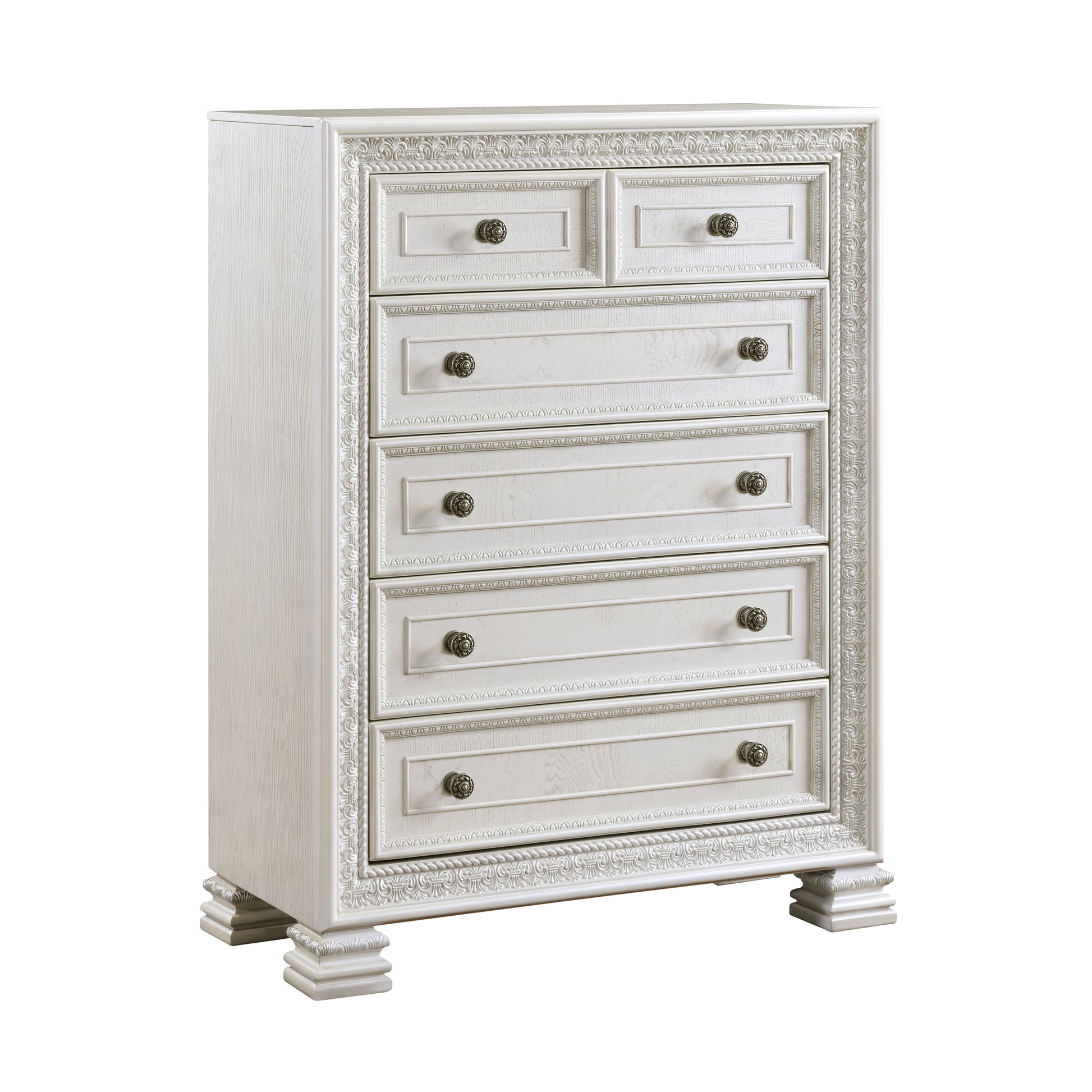 Classic Luxury Pearl White Finish Chest Of 5X Drawers Wooden Bedroom Furniture 1Pc, Dart Molding Design White Wood
