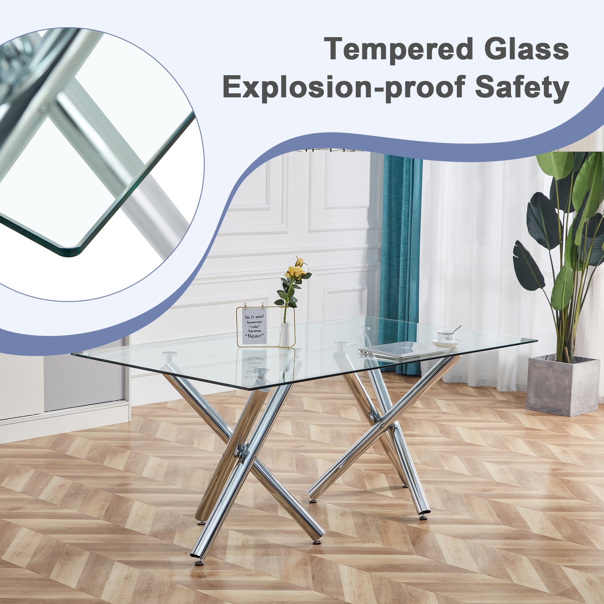 Table And Chair Set.Large Minimalist Rectangular Glass Dining Table For 6 8 With 0.39" Tempered Glass Tabletop And Silver Chrome Metal Legs.Paried With Comfortable Chairs With Pu Seats And Metal Legs. Silver Seats 8 Glass Metal