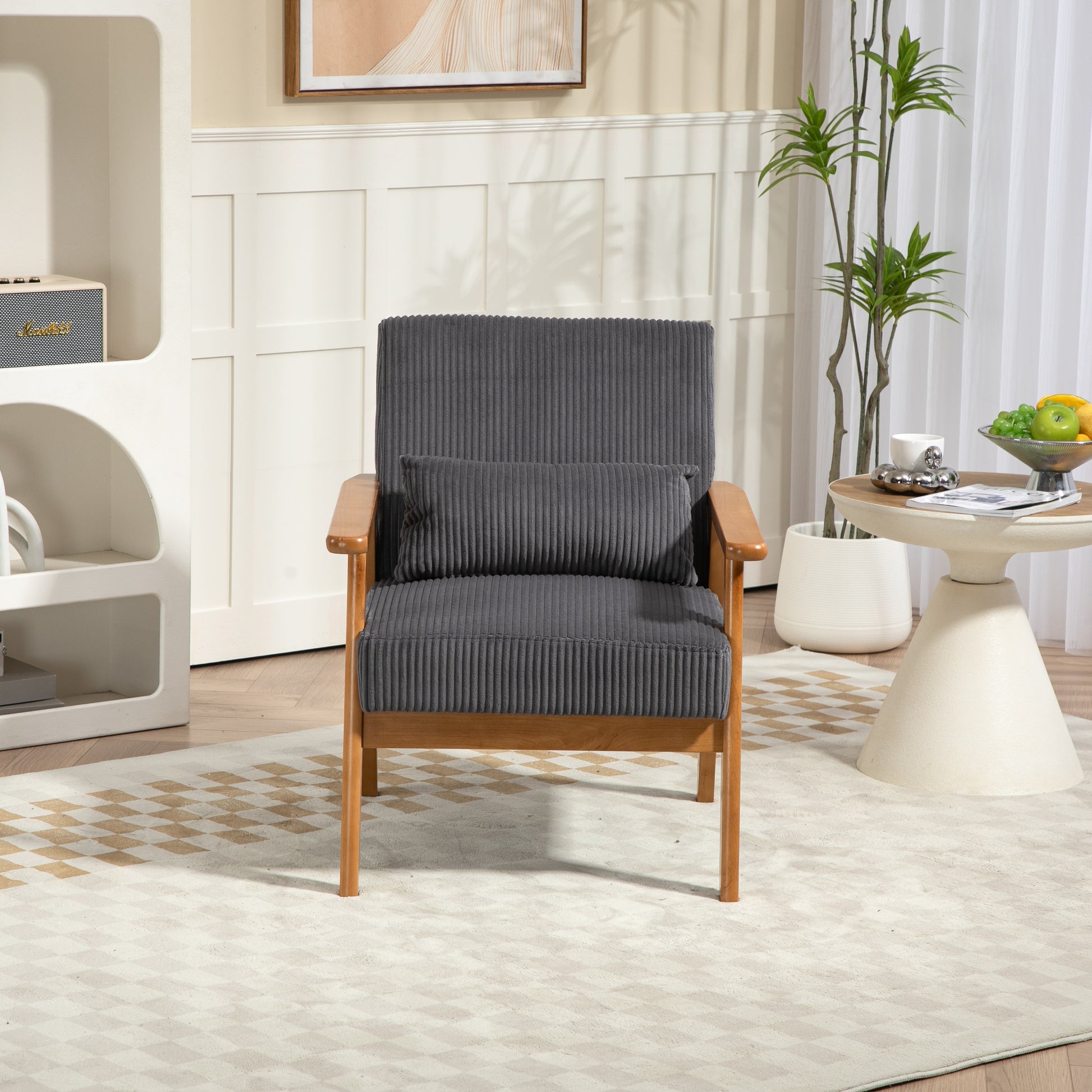 Leisure Chair With Solid Wood Armrest And Feet, Leisure Chair, Wood Frame, Velvet, L, Solid Rubber Wood Legs, Mid Century Modern Accent Chair, For Living Room Bedroom Studio Chair Dark Gray Corduroy