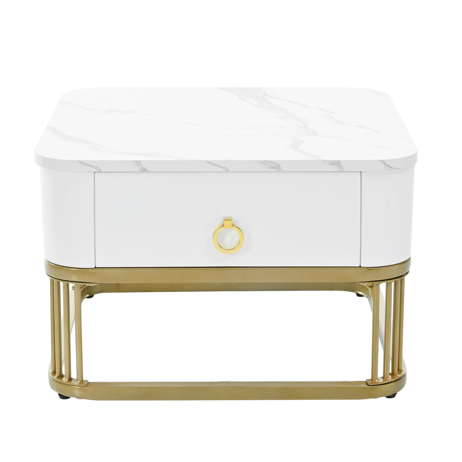 Nesting Coffee Table With Drawer, Set Of 2, Exquisite Square Stacking Coffee Tables With Brown Tempered Glass, Side Table With High Gloss Marble Grain Tabletop For Living Room, White White Gold Primary Living Space Drawers Square Mdf Steel