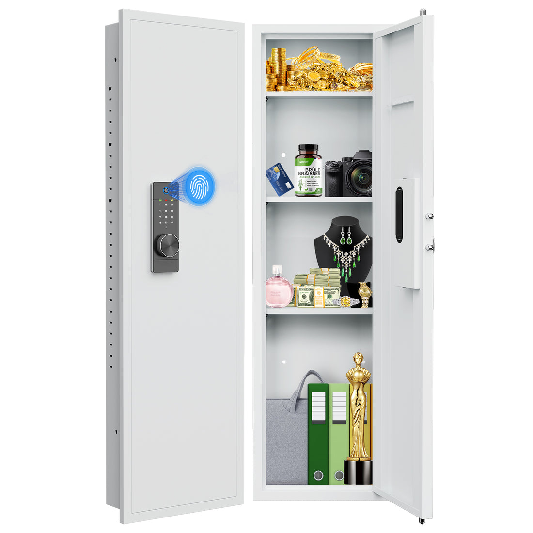 Fingerprint Touch Panel In Wall Safe,Hidden Wall Safe For Rifles And Pistols With Adjustable Shelves,Assembled Storege Safe For Firearm And Valuables White Fingerprint White Steel