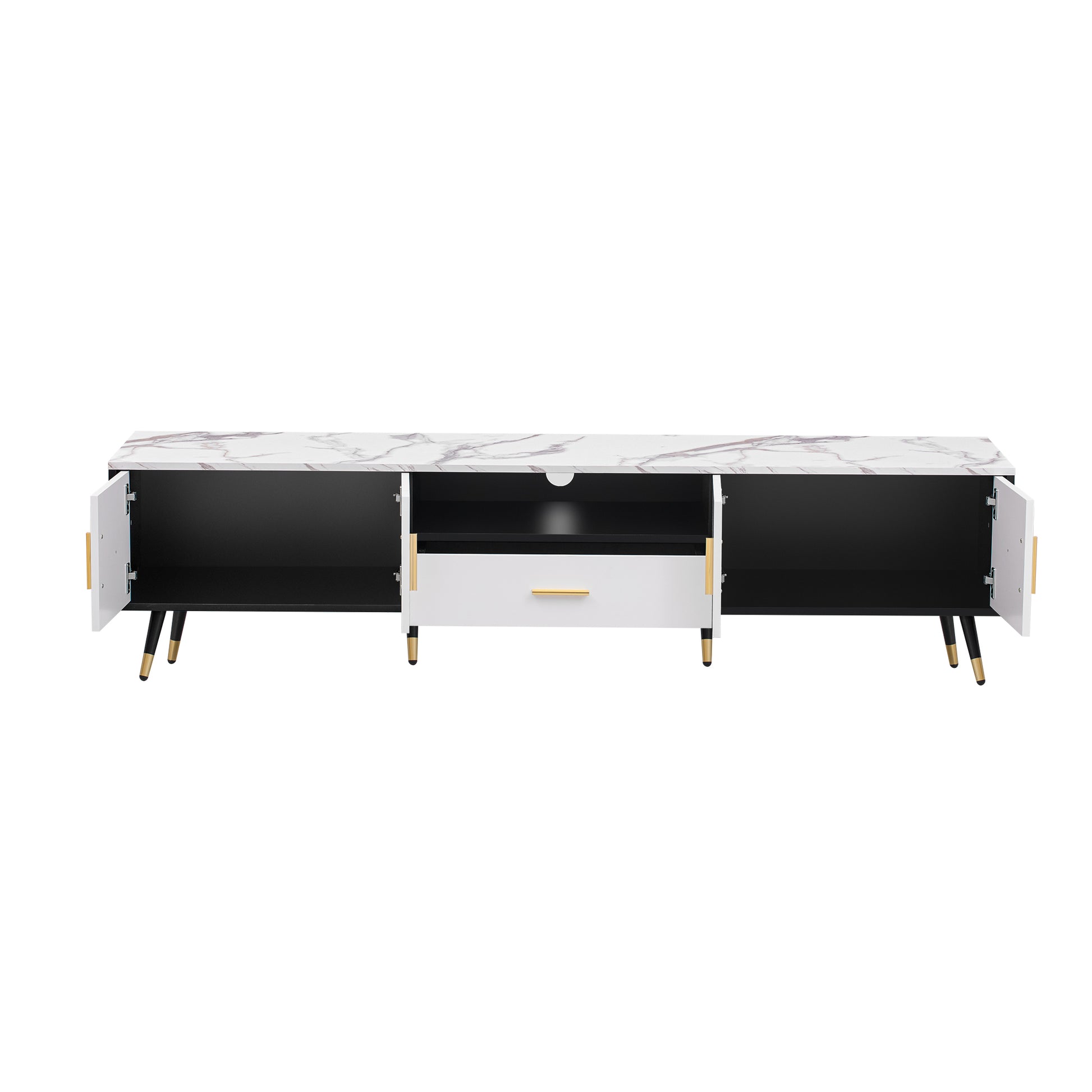 71'' Modern Tv Stand With 2 Cabinets& Open Compartments, Entertainment Center For Tvs Up To 80'', Television Console For Living Room, Bedroom, Home Theatre White Black Primary Living Space 70 79