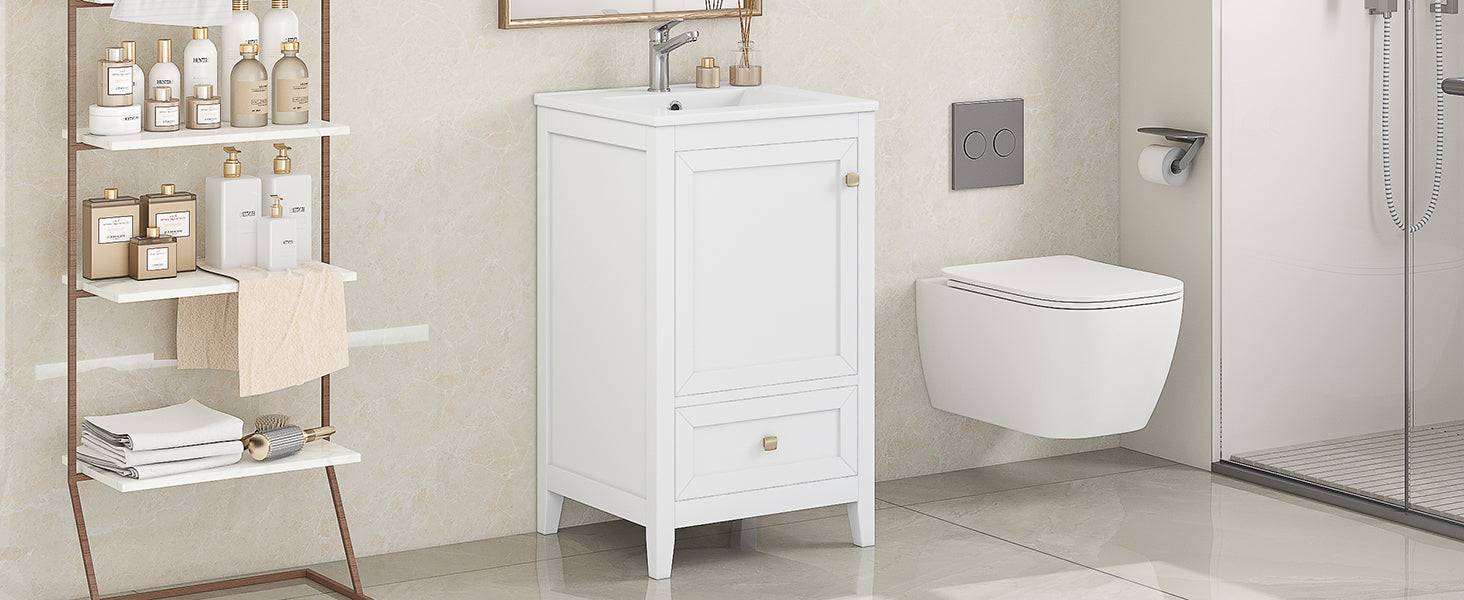 20" Bathroom Vanity With Sink, Bathroom Cabinet With Soft Closing Door, Storage Rack And A Drawer, White White Mdf