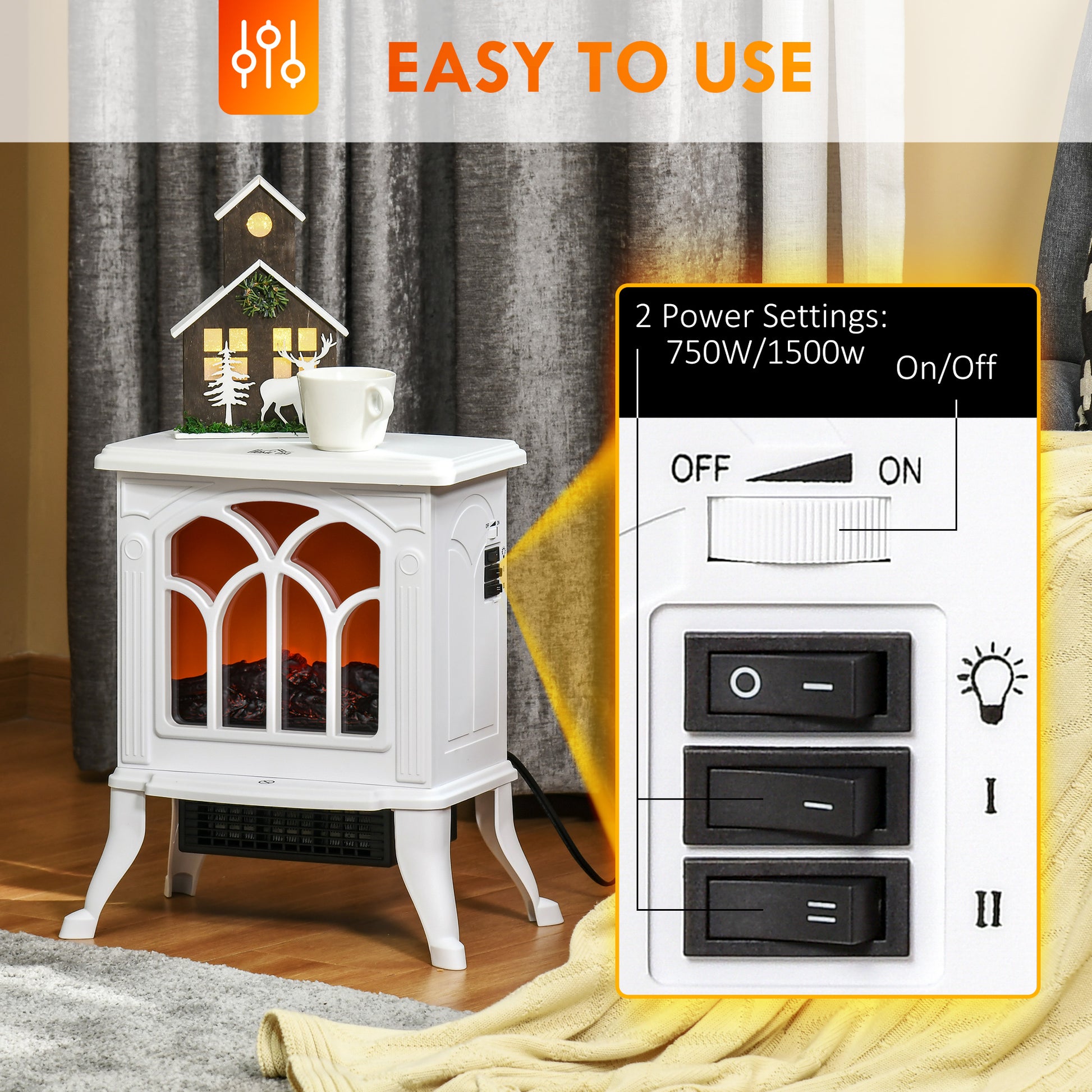 Homcom 17" Freestanding Electric Fireplace Stove, Fire Place Heater With Realistic Logs And Flame Effect And Overheat Protection, 750W 1500W, White White Plastic