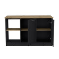 Kitchen Island With Large Countertop, Open Storage Shelves And Double Door Cabinet, Black Macadamia Black Solid Wood Mdf Engineered Wood