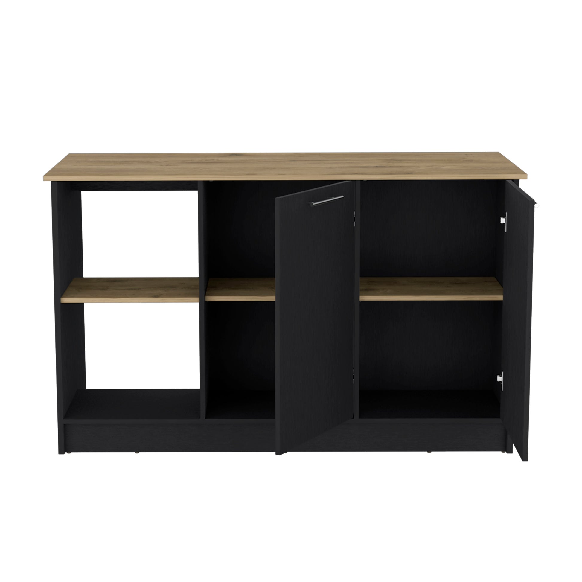 Kitchen Island With Large Countertop, Open Storage Shelves And Double Door Cabinet, Black Macadamia Black Solid Wood Mdf Engineered Wood