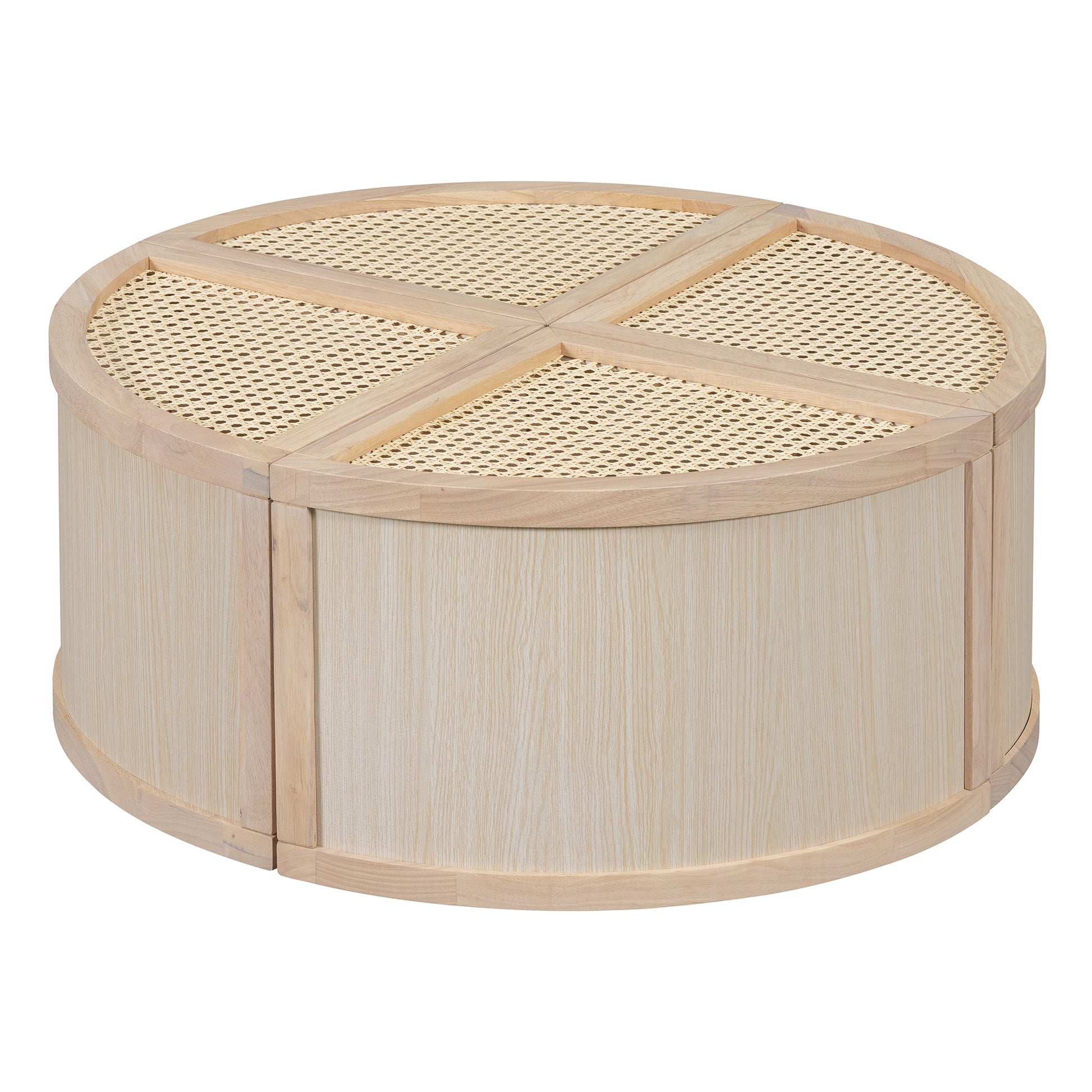 Round To Square Block Modular Coffee Table Light Natural Rattan With Storage 4 Piece Light Natural Rubber Wood