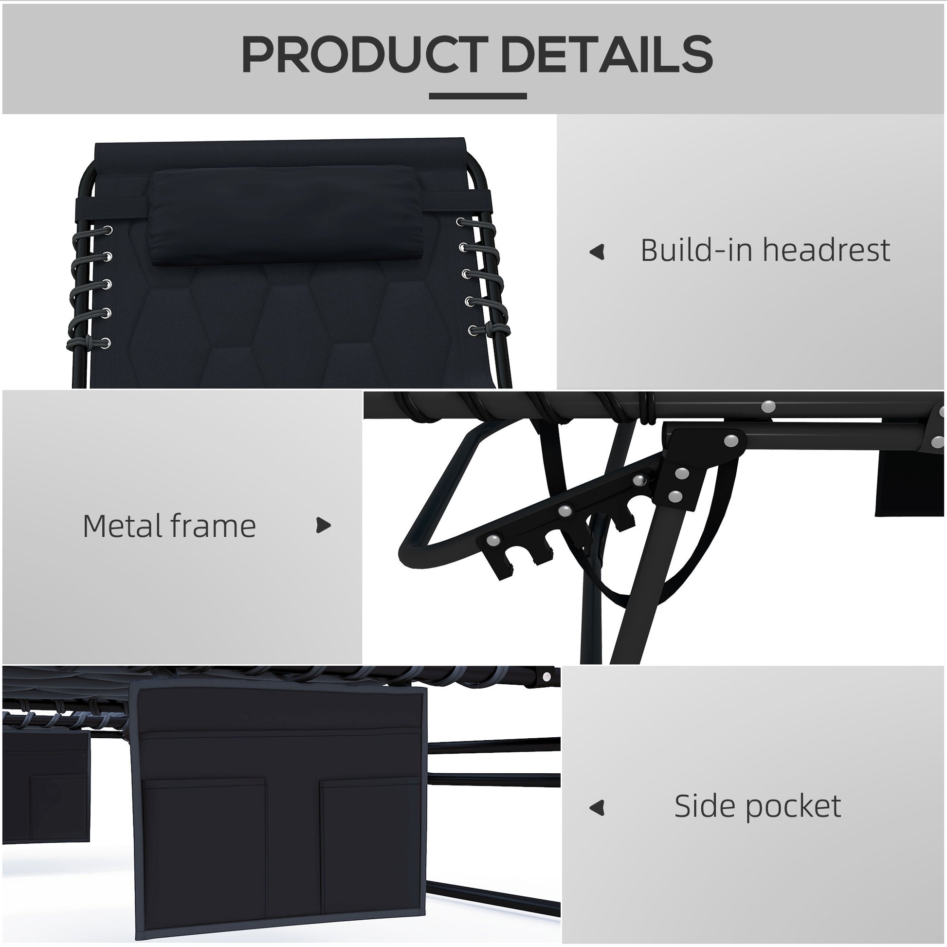 Outsunny Folding Chaise Lounge Set With 5 Level Reclining Back, Outdoor Lounge Tanning Chair With Padded Seat, Side Pocket & Headrest For Beach, Yard, Patio, Black Black Steel