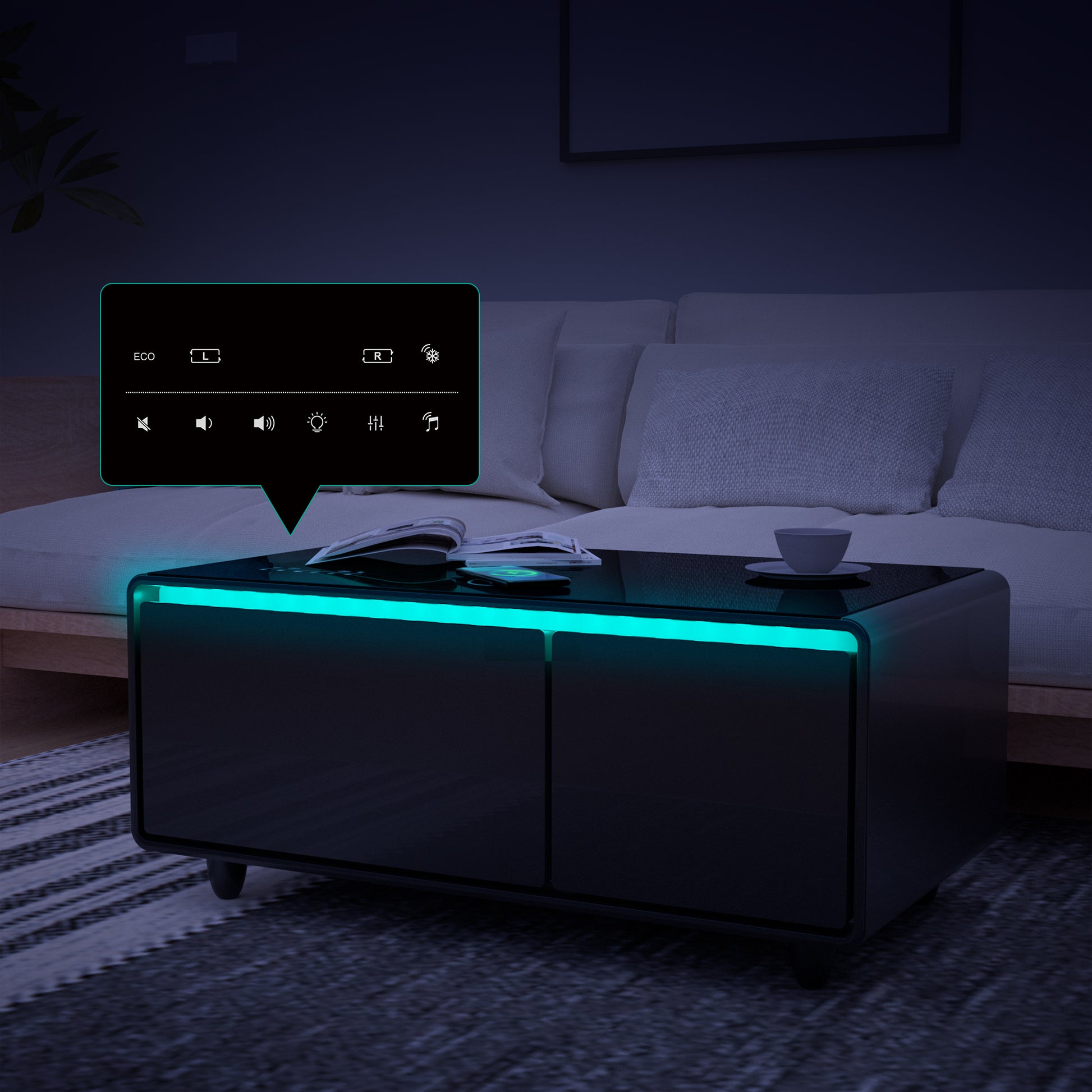 Modern Smart Coffee Table With Built In Fridge, Bluetooth Speaker, Wireless Charging, Touch Control Panel, Usb Interface, Outlet Protection, Atmosphere Light, Black Black Built In Outlets Or Usb Primary Living Space Luxury,Modern Freestanding Rectangular