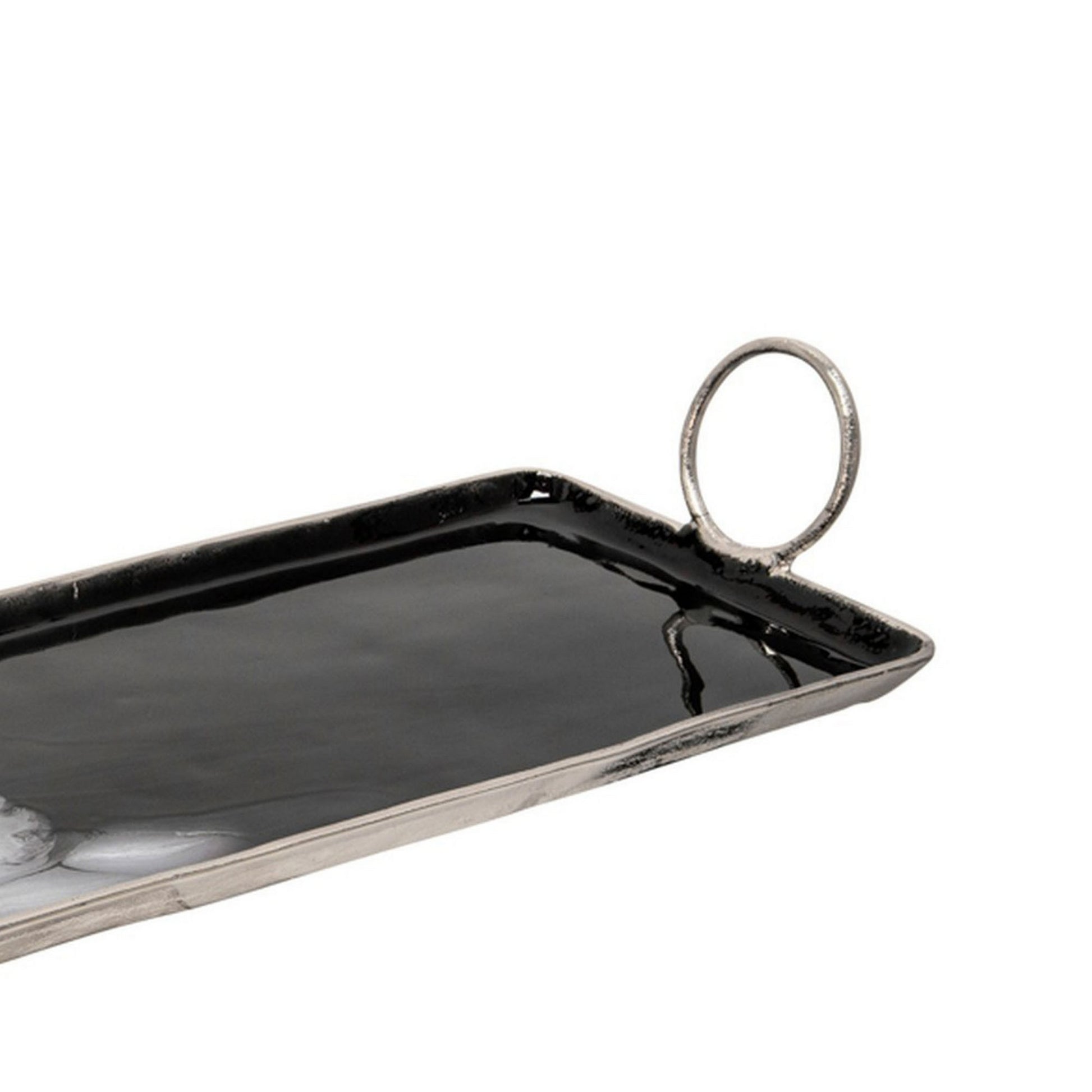 Tray With Metal And Ring Handles, Black And Silver Black Silver Metal