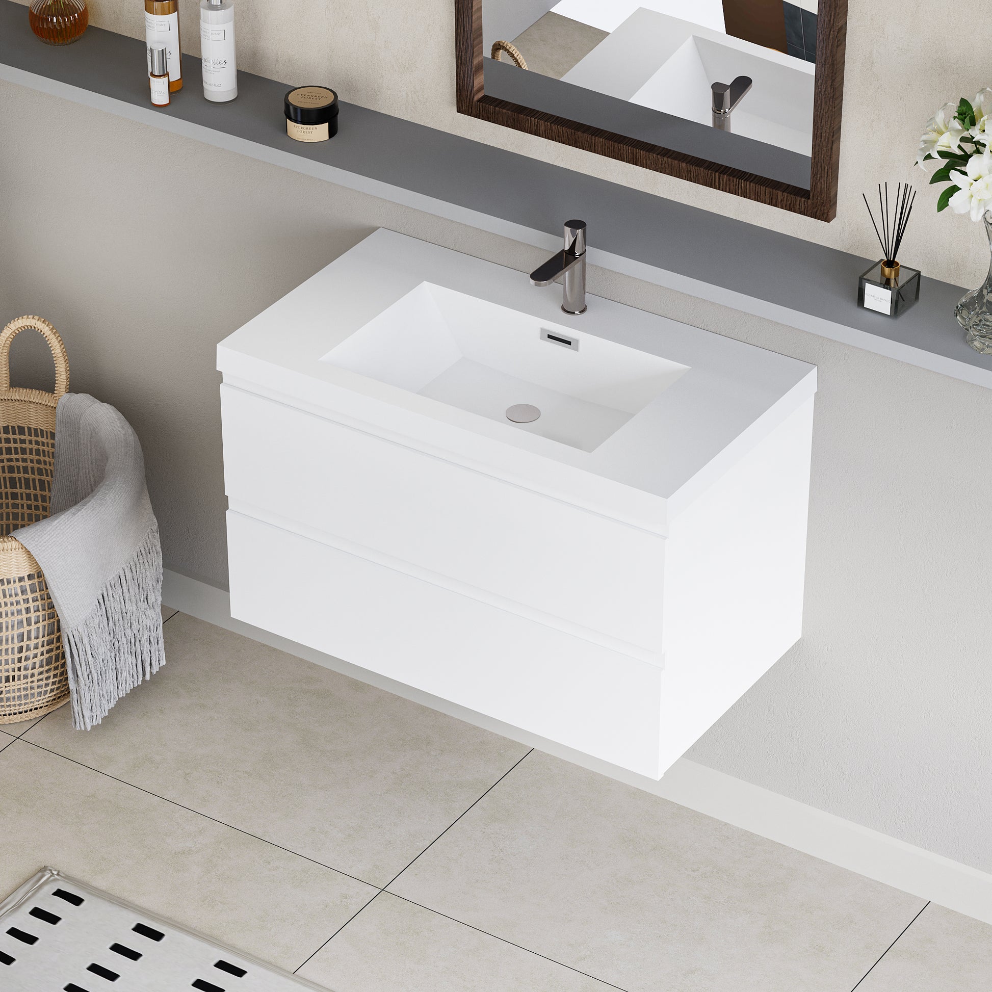 36" Floating Bathroom Vanity With Sink, Modern Wall Mounted Bathroom Storage Vanity Cabinet With Resin Top Basin And Soft Close Drawers, Glossy White 24V11 36Gw 2 Glossy White Bathroom Wall Mounted