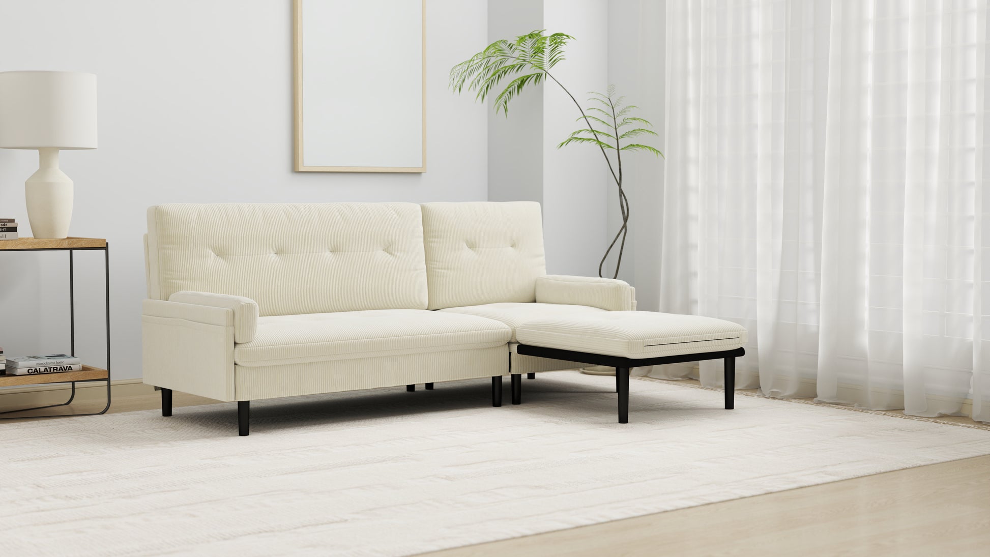 Ivory Corduroy Sectional Sofa: Convertible 3 Seater Sofa, L Shaped Sofa, And Bed Ivory Velvet Metal Primary Living Space Medium Soft Loose Back Pillow Top Arms Foam Fabric Metal 3 Seat
