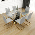 Modern Style Glass Dining Table, Elegant Transparent Design, Solid Support Base, Grey Dining Chair Set, Gold Plated Chair Legs, Suitable For Restaurant Kitchen Use Set Of 7 Grey Glass