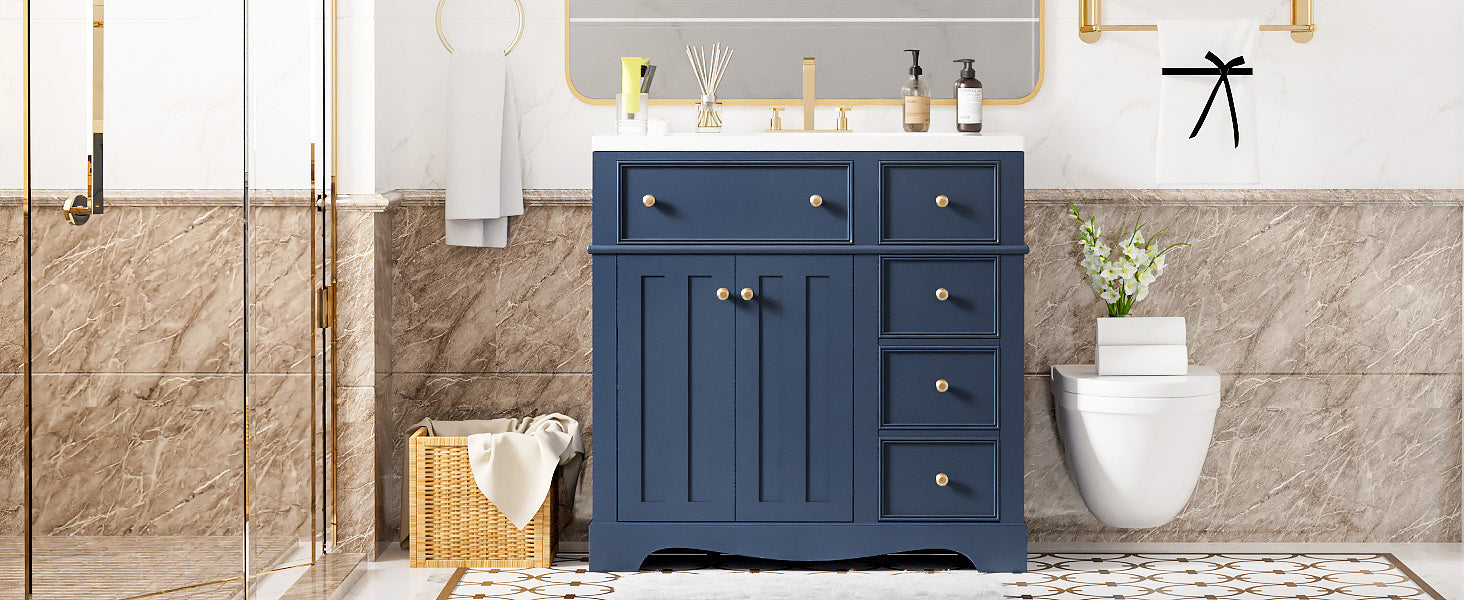36'' Bathroom Vanity With Resin Sink Combo, Solid Wood Frame Bathroom Storage Cabinet, Freestanding Vanity Set With 3 Drawers& Adjustable Shelf Blue Bathroom Modern Solid Wood Mdf Resin