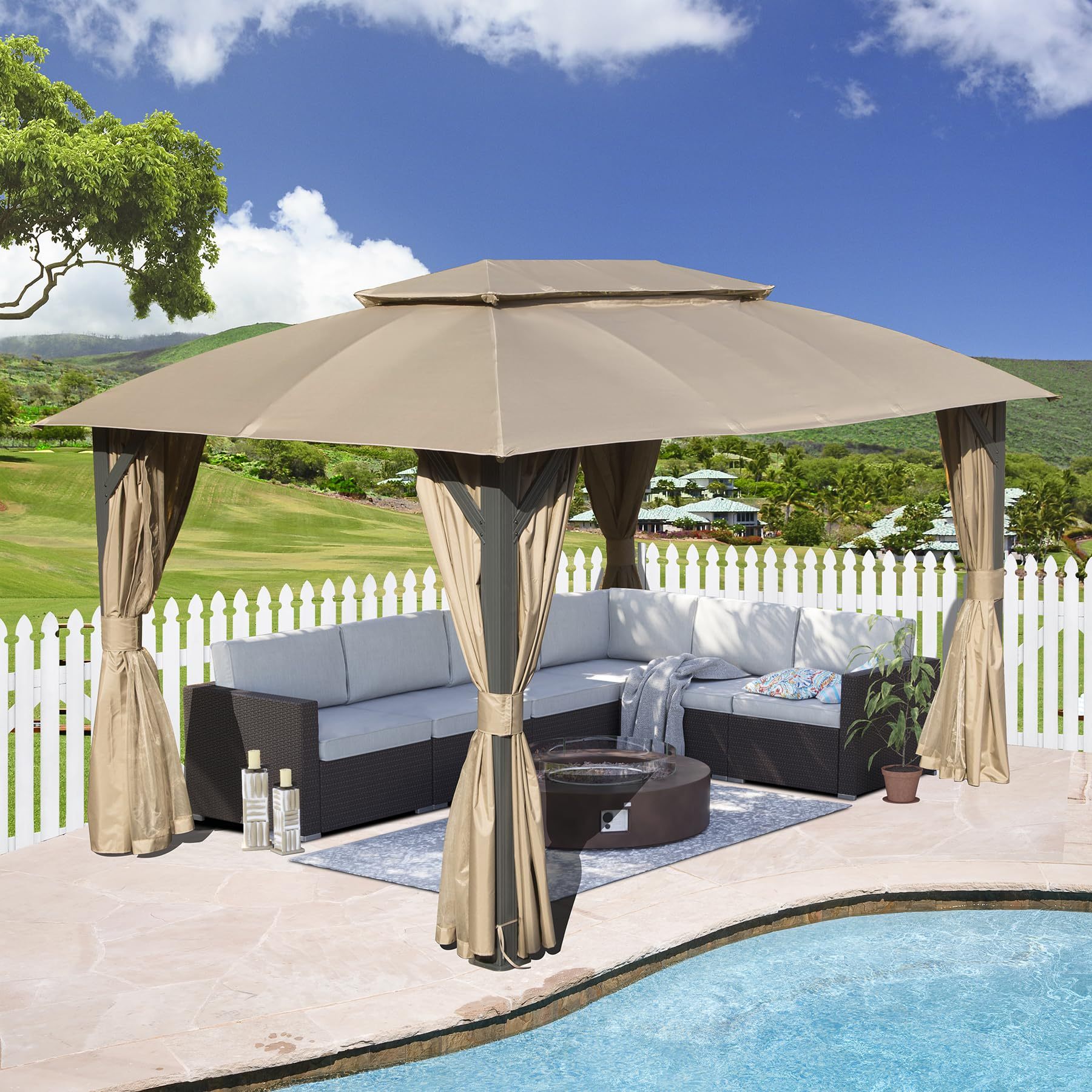 Gazebo 10X14Ft, Outdoor Gazebo With Double Roofs, Privacy Curtains, Mosquito Nettings, Heavy Duty Metal Frame Party Tent Canopy For Patio, Backyard, Deck, Lawn, Brown Brown Garden & Outdoor Uv Resistant Steel