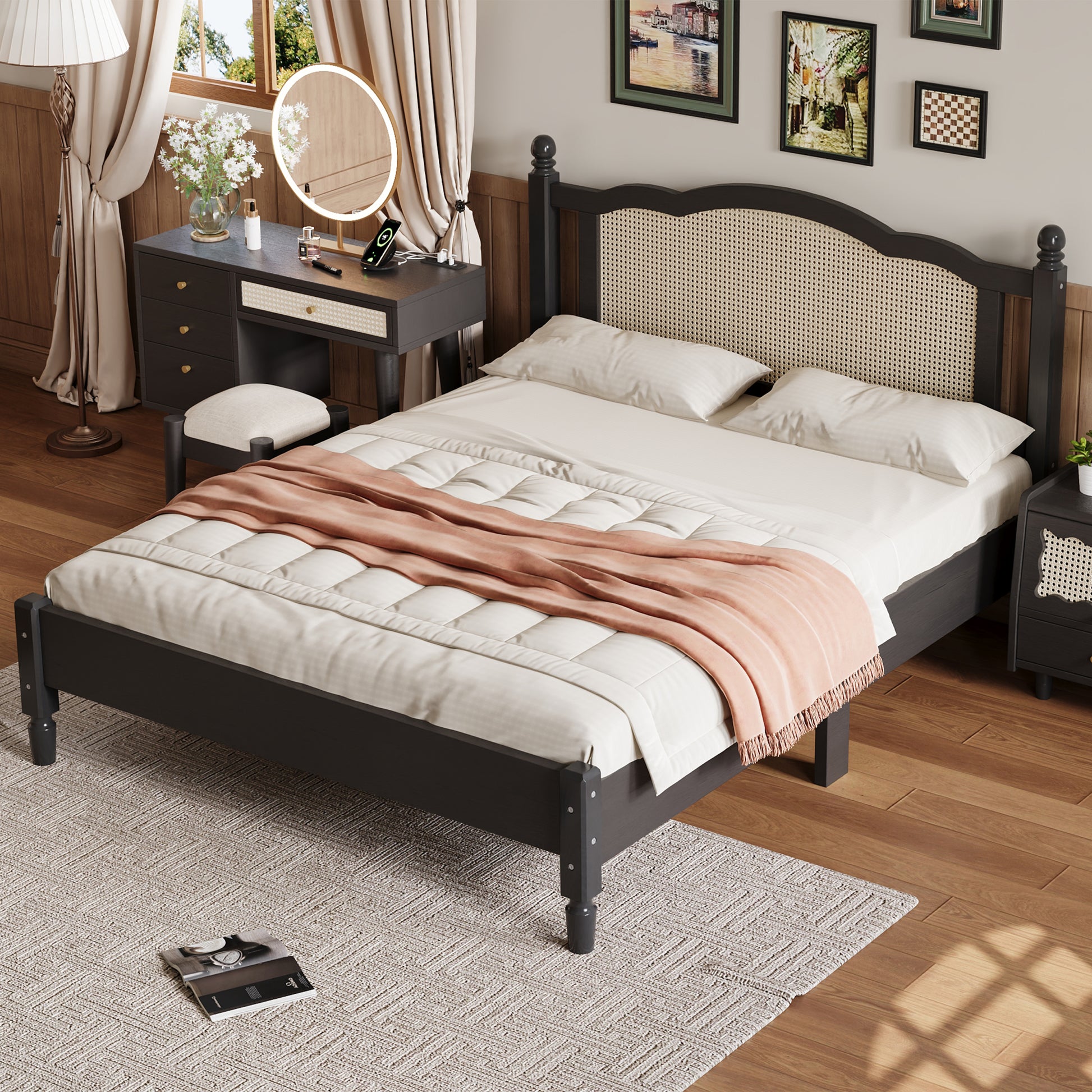 Queen Size Wooden Platform Bed With Natural Rattan Headboard, Vintage Bed Frame With Wooden Slat Support, Black Box Spring Not Required Queen Black Wood