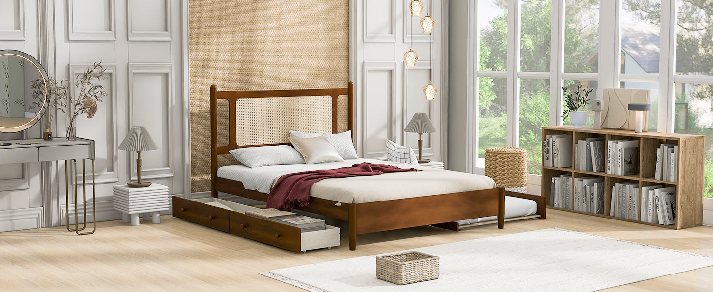 Queen Size Wooden Rattan Platform Bed, With 2 Big Drawers, T Size Trundle, Brown Queen Brown Plywood