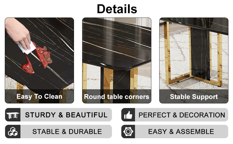 Table And Chair Set. Modern Dining Table With Mdf Top And Beautiful Mdf Legs. Equipped With Comfortable Pu Chairs And Metal Legs. Suitable For A Wide Range Of Decorative Styles. Black Seats 6 Mdf