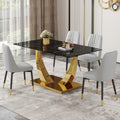 Table And Chair Set.Modern Rectangular Dining Table With Black Textured Stickers Glass Tabletop And Gold Plated Metal Legs.Paried With 4 Comfortable Chairs With Pu Seats And Black Metal Legs. Black Gold,Light Gray Seats 4 Glass Metal