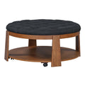 Modern Large Round Ottoman Coffee Table 2 Tier Oversized Button Tufted Ottoman With Wood Shelf Storage Upholstered Coffee Table For Living Room Footrest Ottoman With Wheel, Waterproof Linen Black Brown Rubber Wood